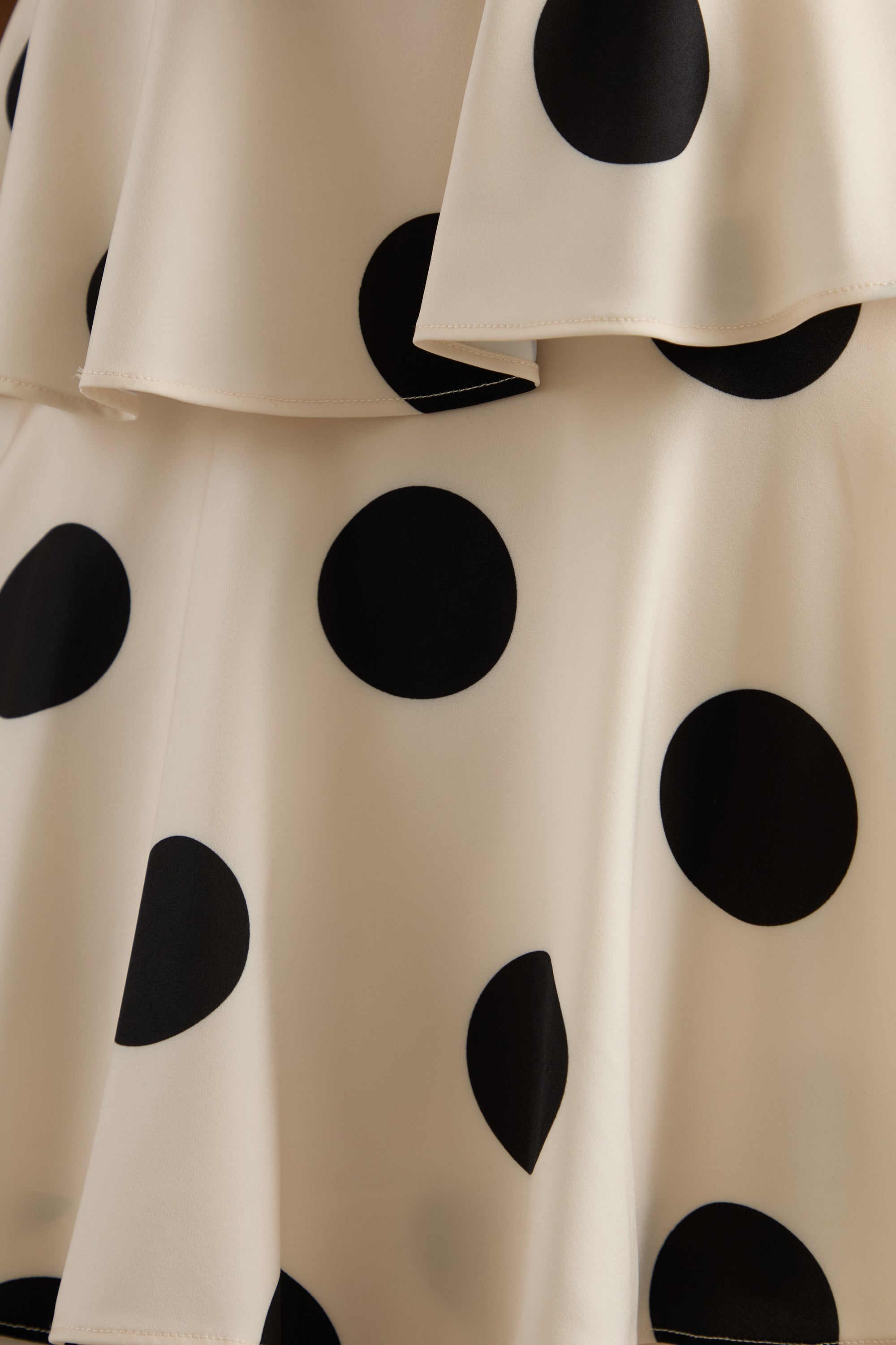 Talise | Cream Polka-Dot Satin Bandeau-Neck Tiered Maxi Dress With Scarf Detail