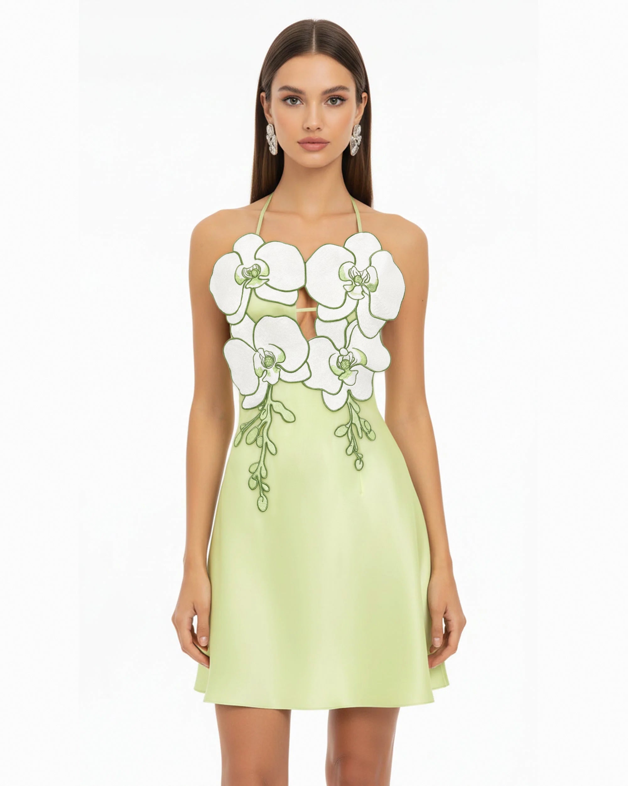 Orchid Embroidered Halter Mini Dress - Light Green - 6 | UK