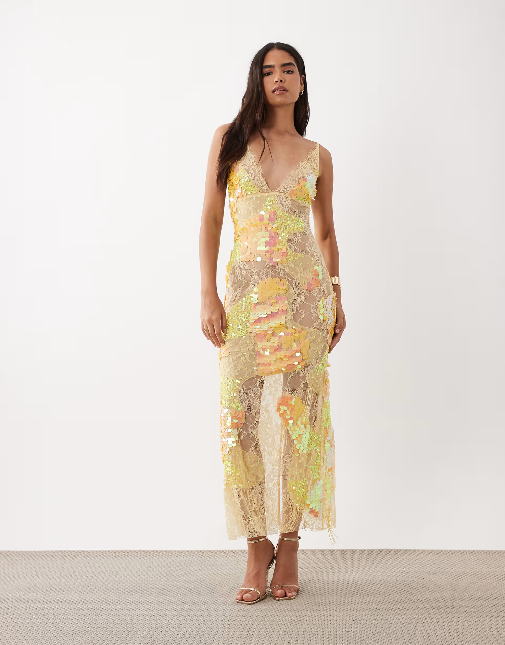 sheer lace cami maxi dress with placement embellishment in yellow