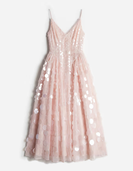 sequin embellished cami midi dress with full skirt in soft pink