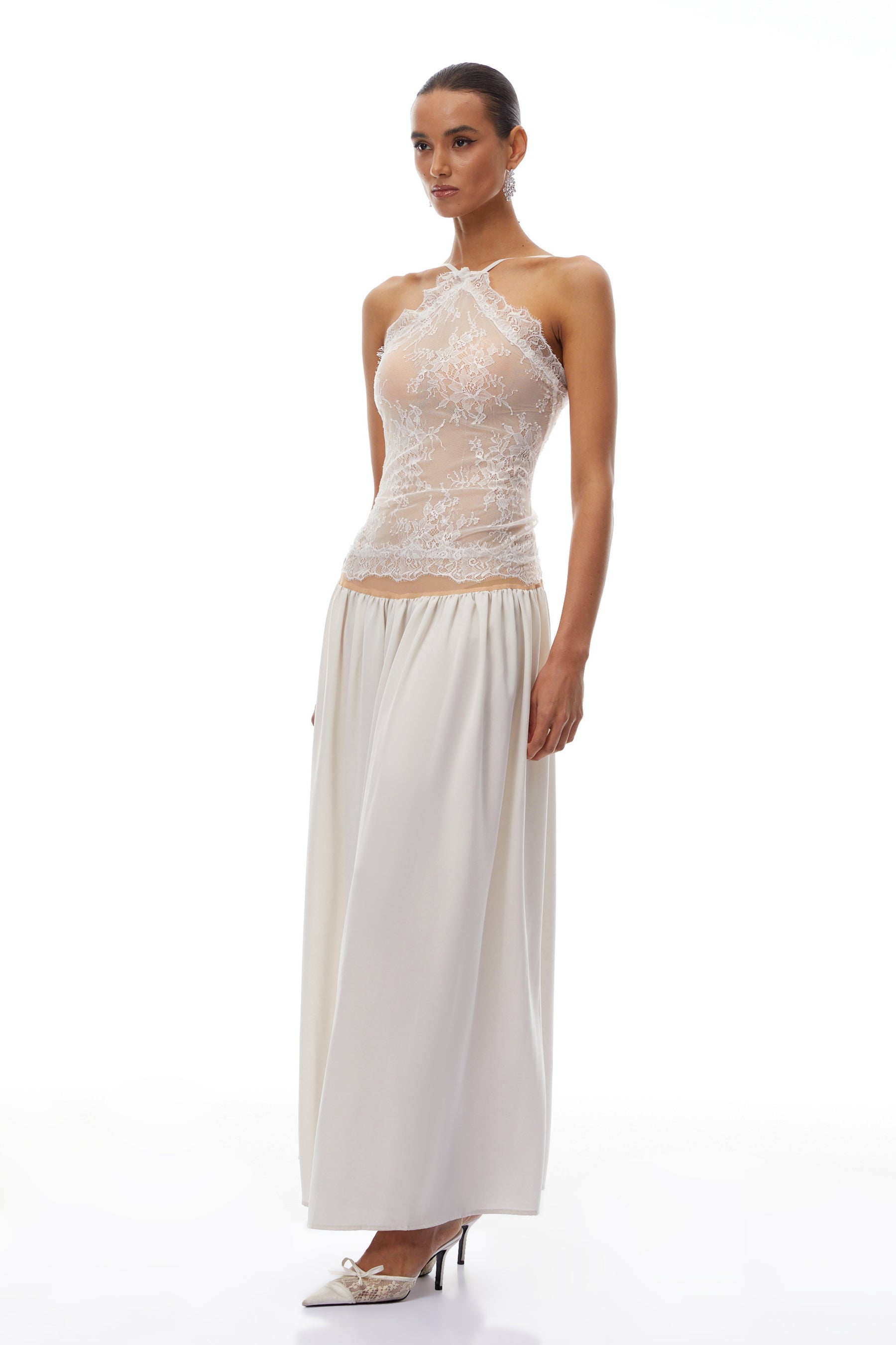 Reine White Pleated Maxi Dress with Lace Panels - XS / White