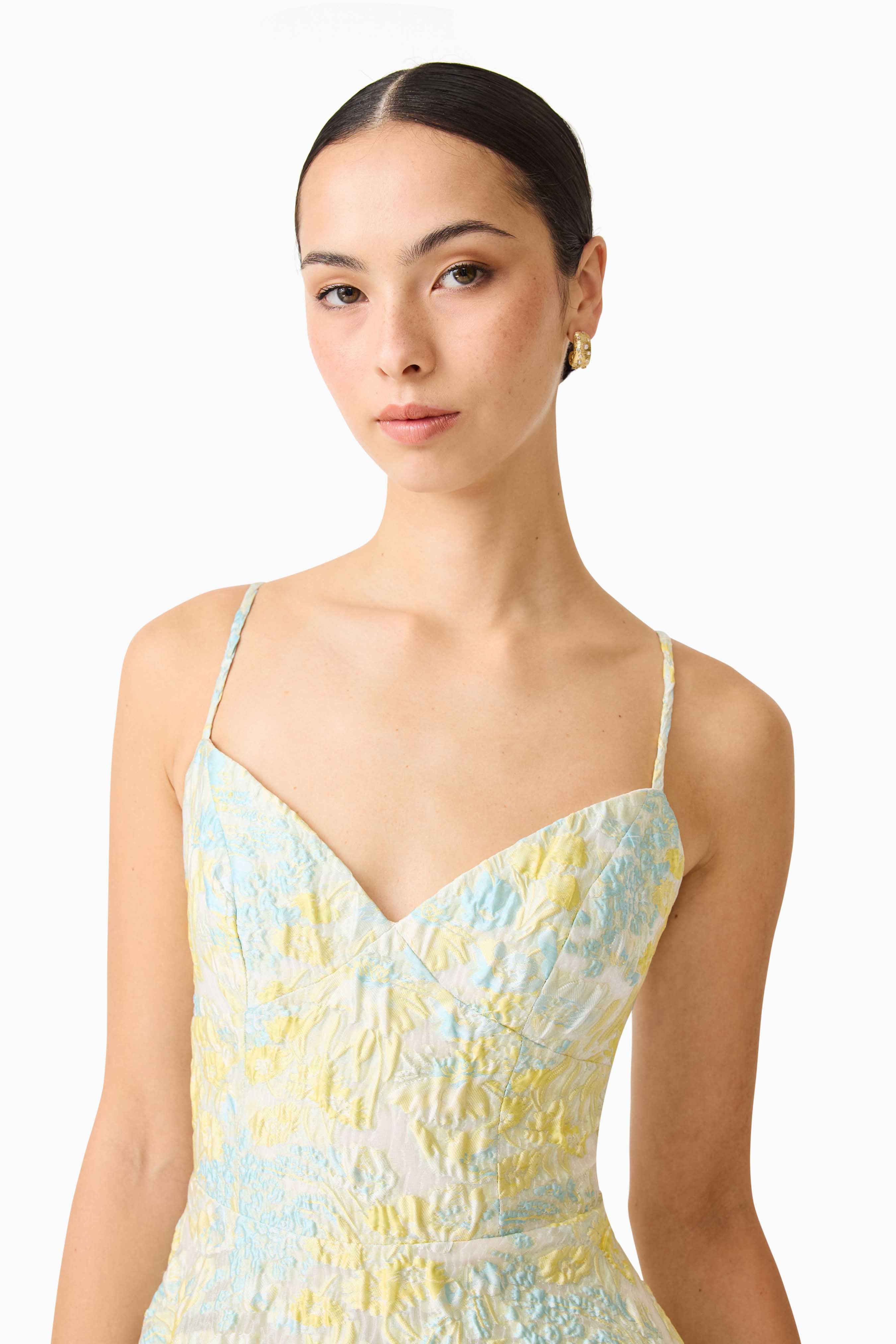 Penelope Tiered Gown in Yellow & Blue Floral