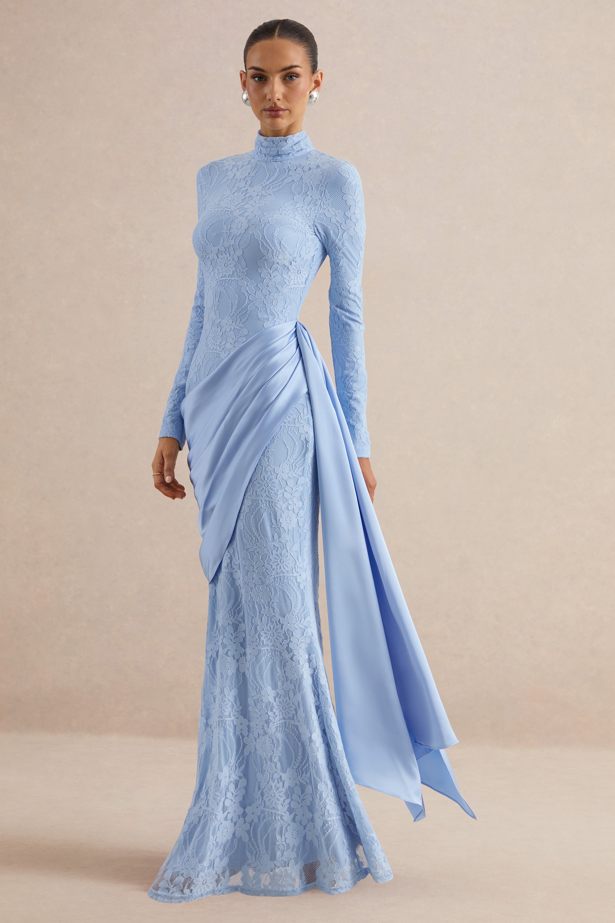 Enestra | Powder Blue High-Neck Lace Maxi-Dress With Draped-Skirt - US 2 / BLUE