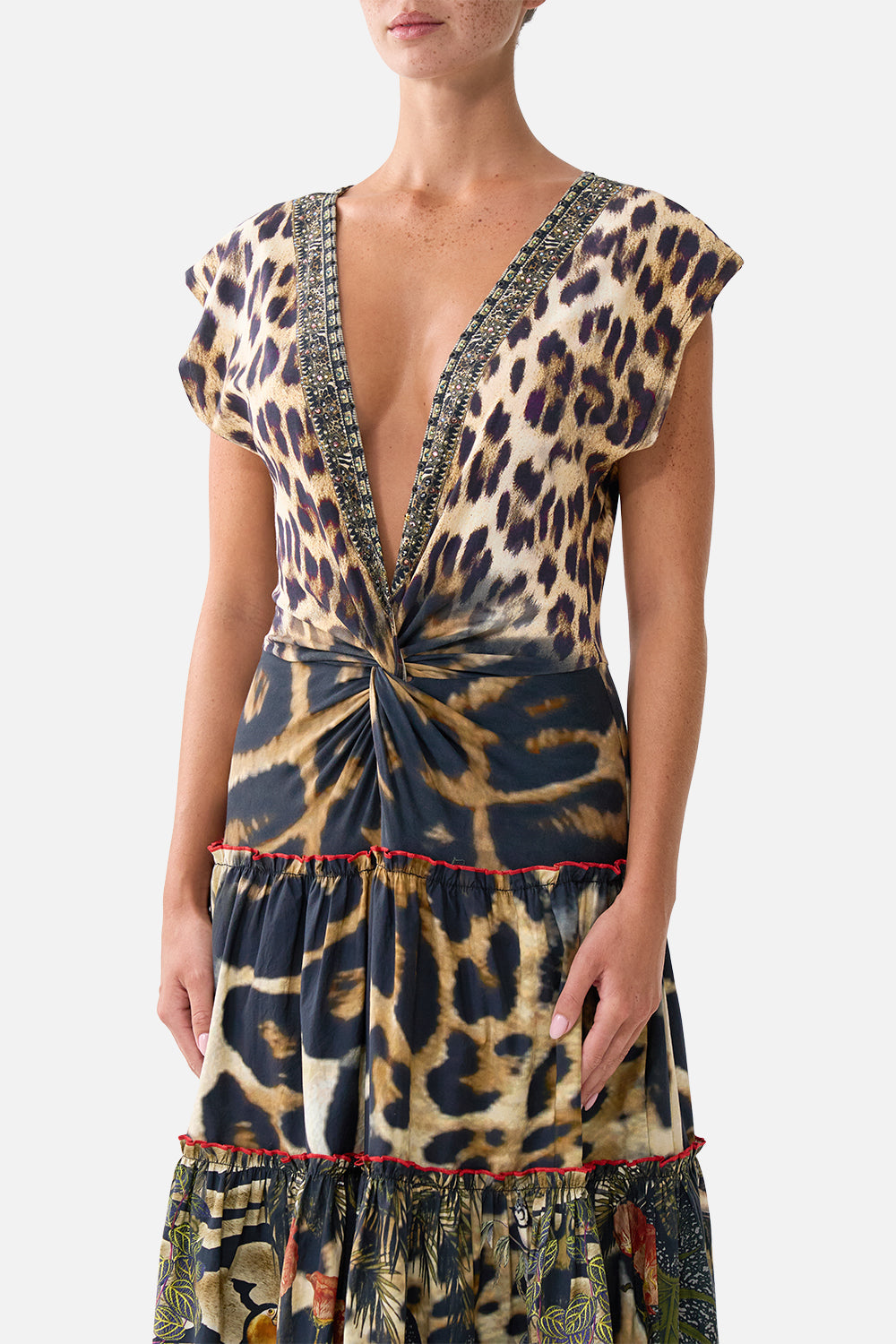 CAP SLEEVE TWIST FRONT MIDI DRESS LEOTIGRA LAND