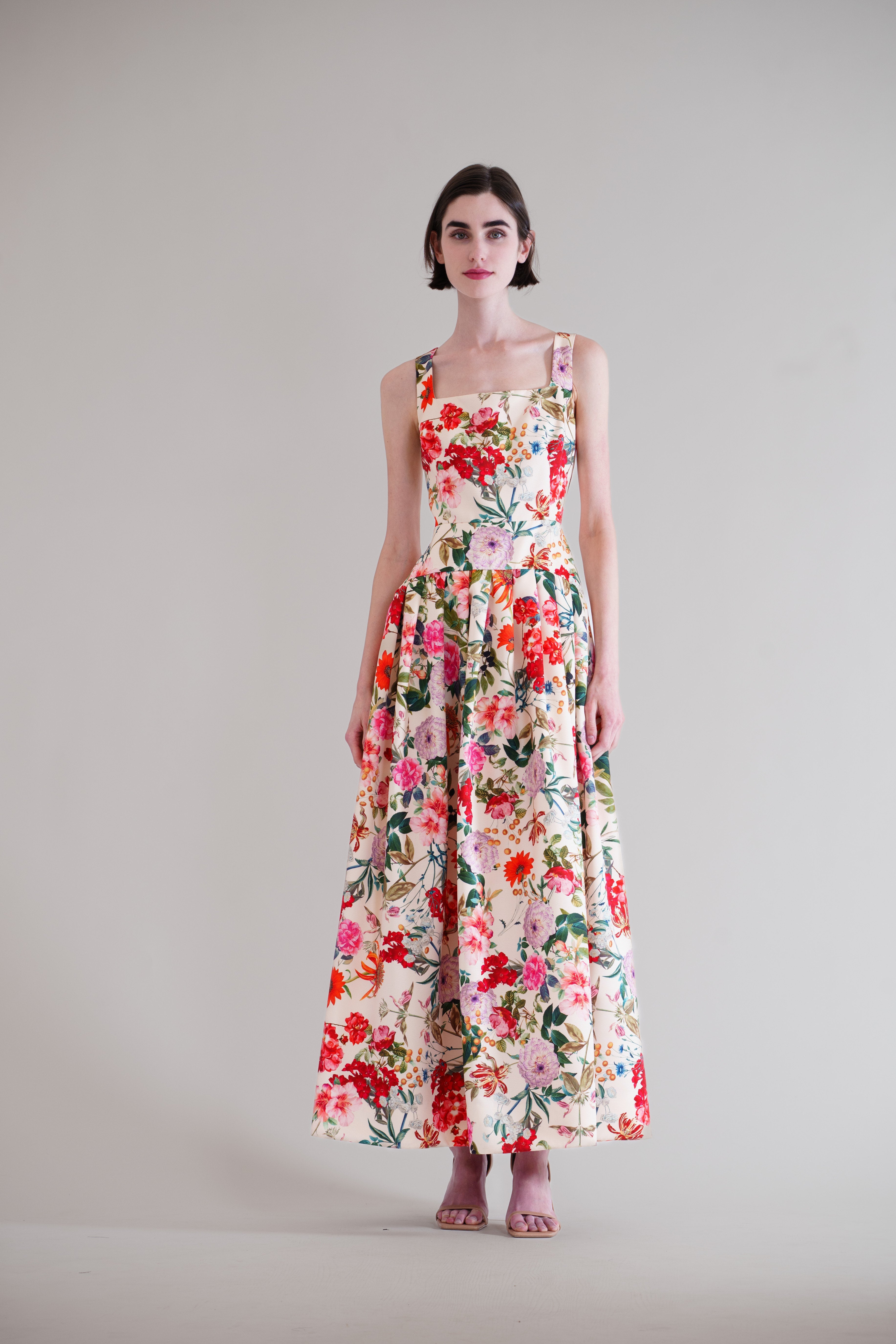 SQUARE NECK DROP WAIST W PLEATED LONG DRESS