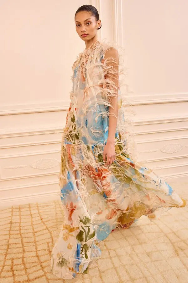 Gossamer Gown With Feather Embroidery