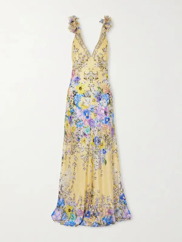 Appliquéd Embellished Floral-print Silk-satin Maxi Dress - Multi