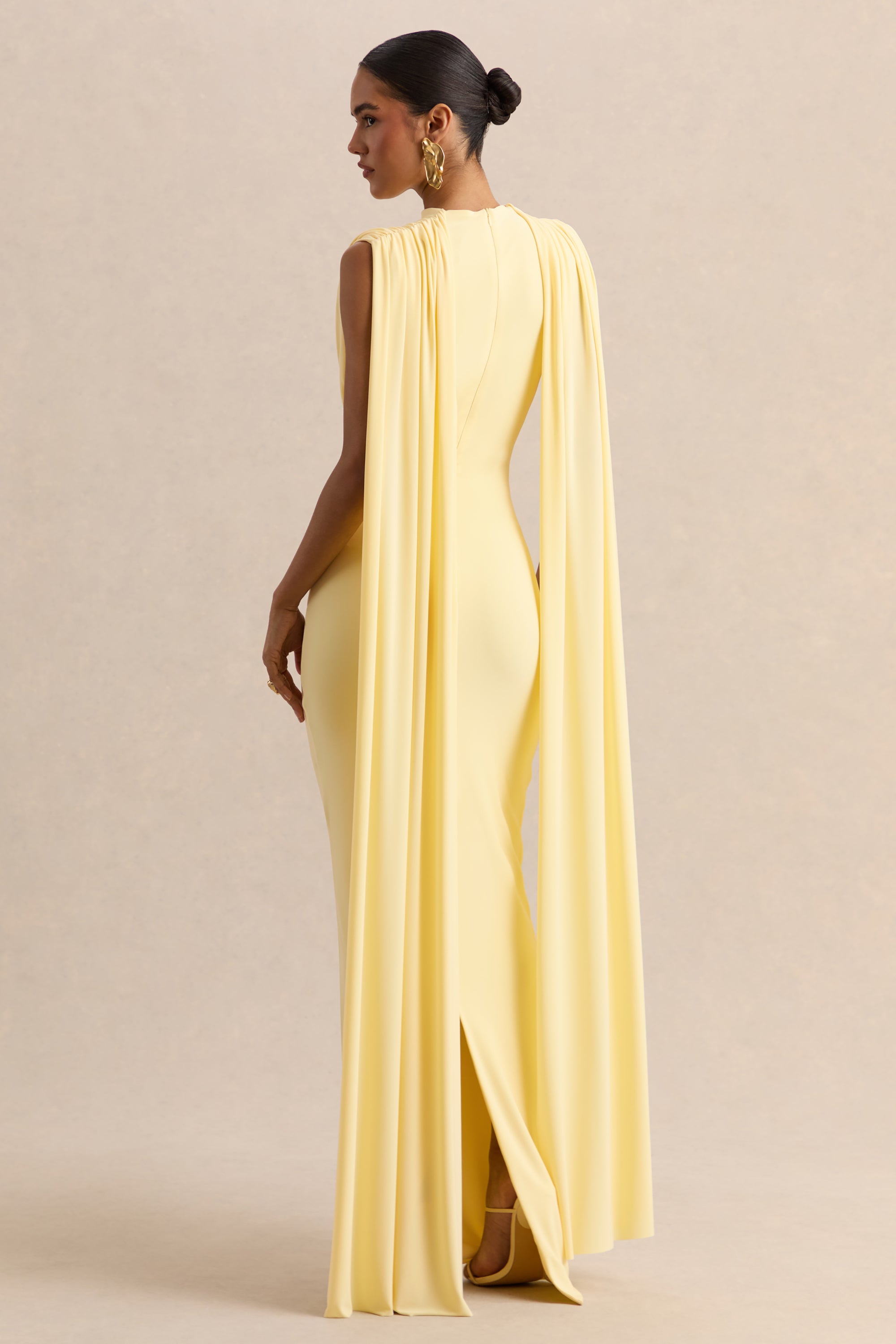 Patrina | Lemon High-Neck Maxi Dress With Draped-Detailing And Cape-Sleeves - US 2 / LEMON