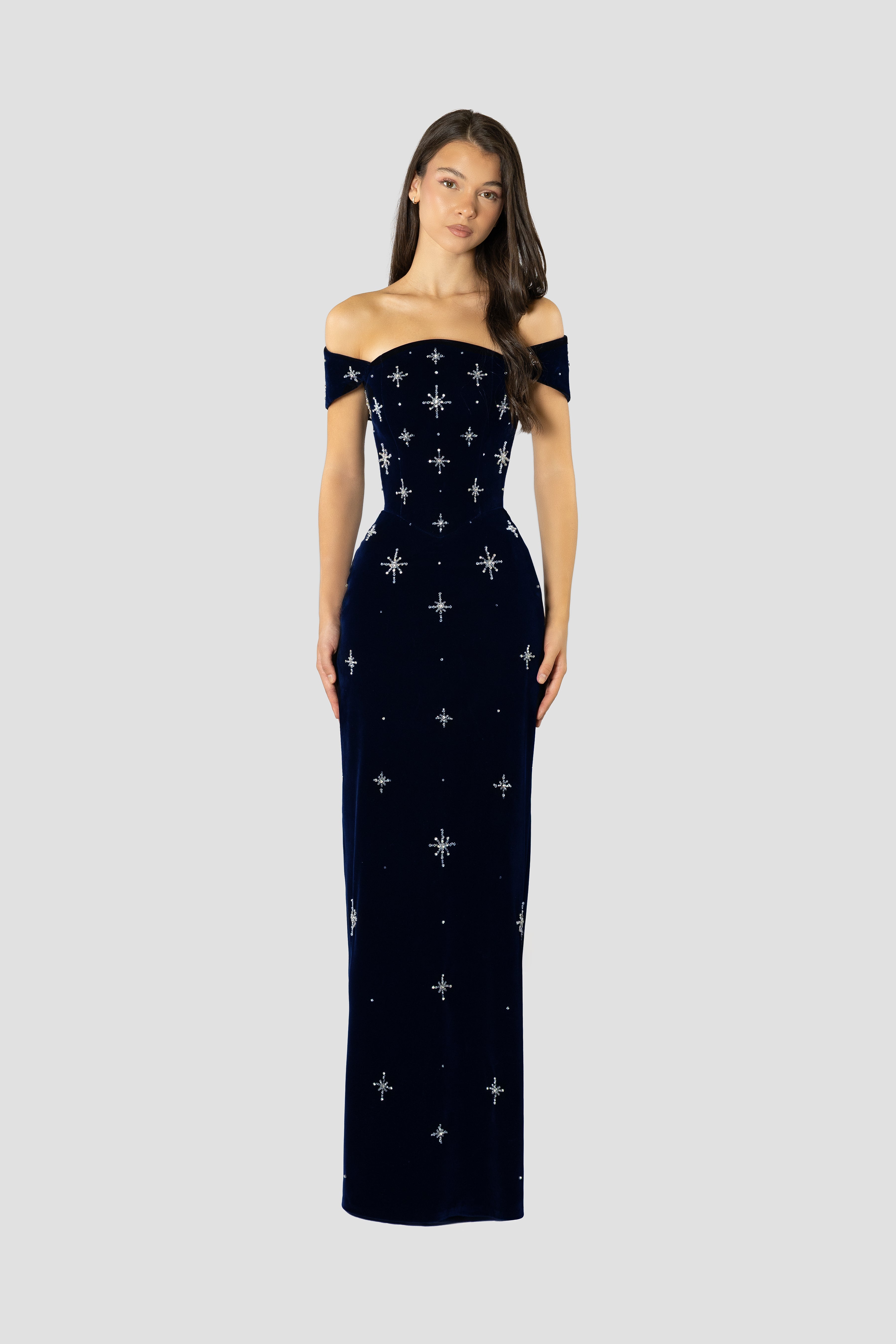 Navy Velvet And Star Embroidered Dress