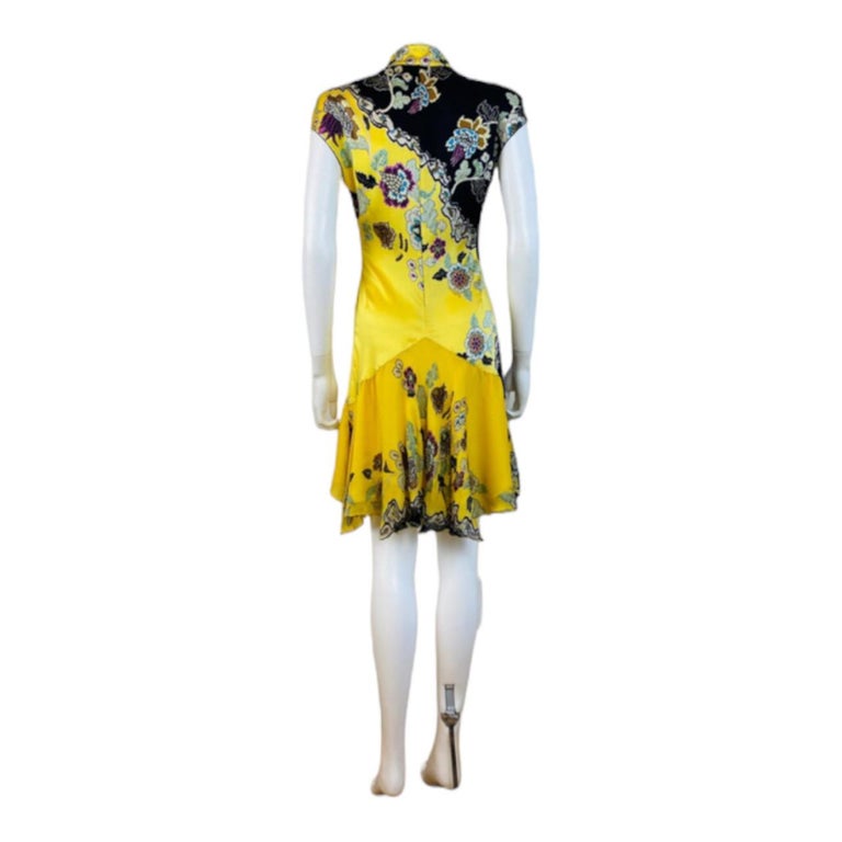 Vintage Roberto Cavalli P/E 2003 Mini Abito in Seta Floreale Giallo Chinoiserie