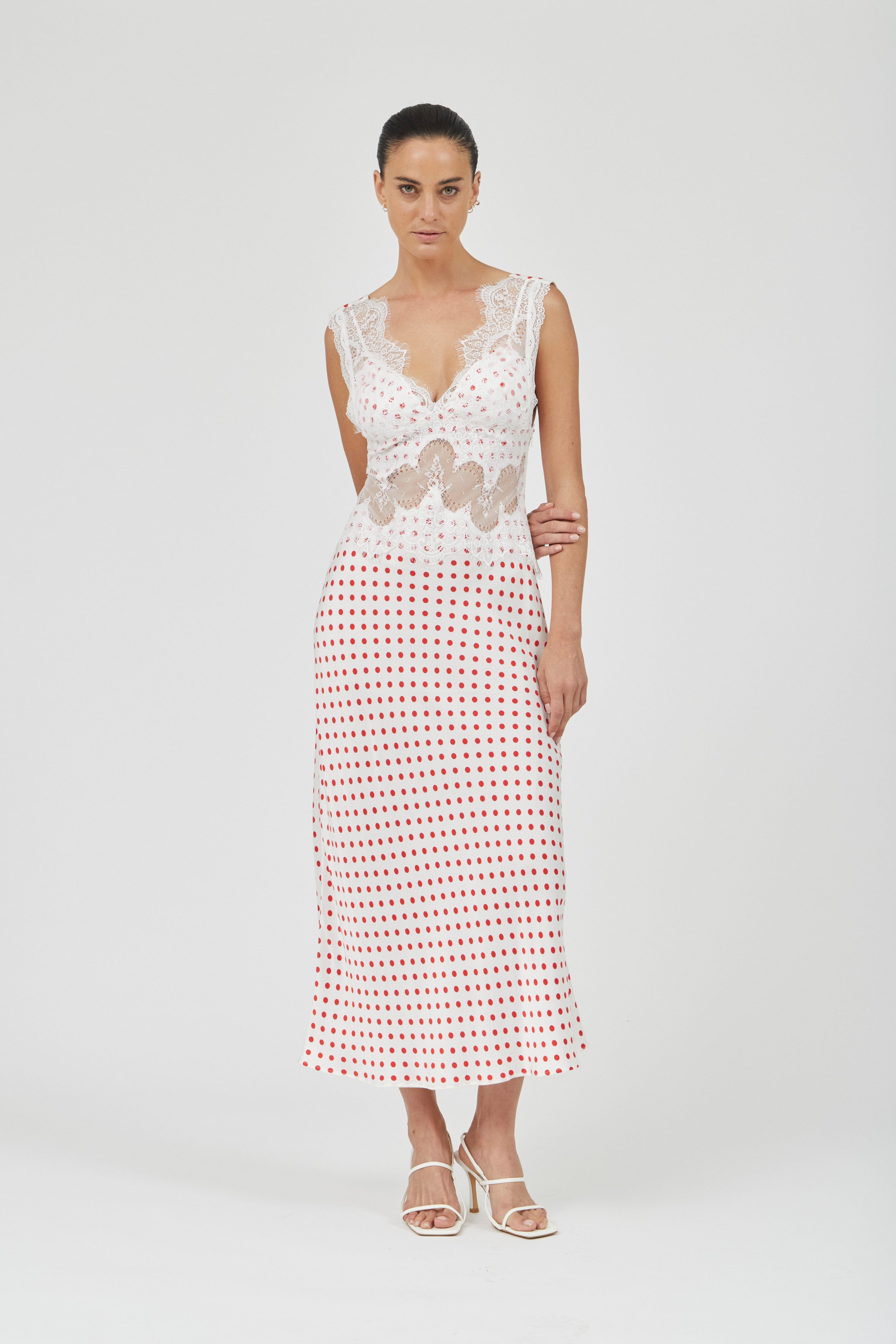 VISIONS LACE DEEP V MAXI DRESS | RED POLKA DOT