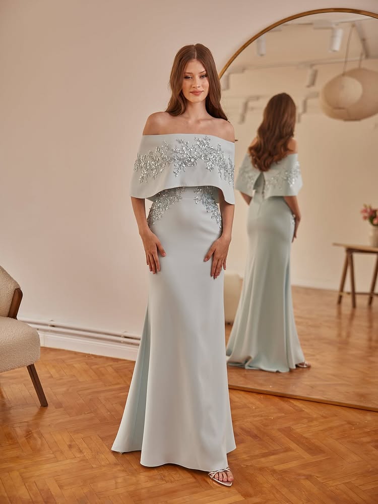 Off the Shoulder Mermaid Sequins Applique Floor-Legth Evening Dress