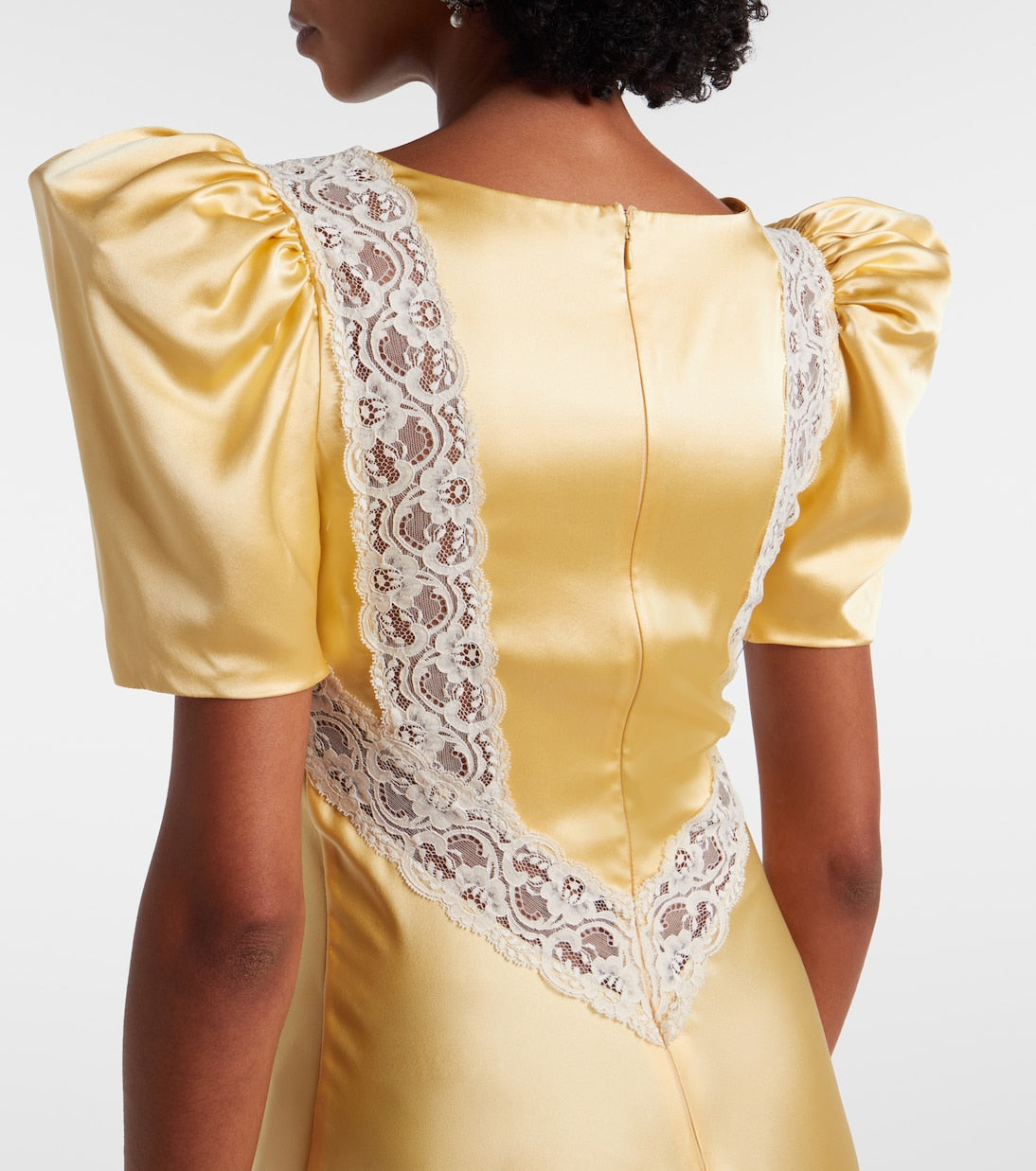 Lace-trimmed ruched silk satin maxi dress