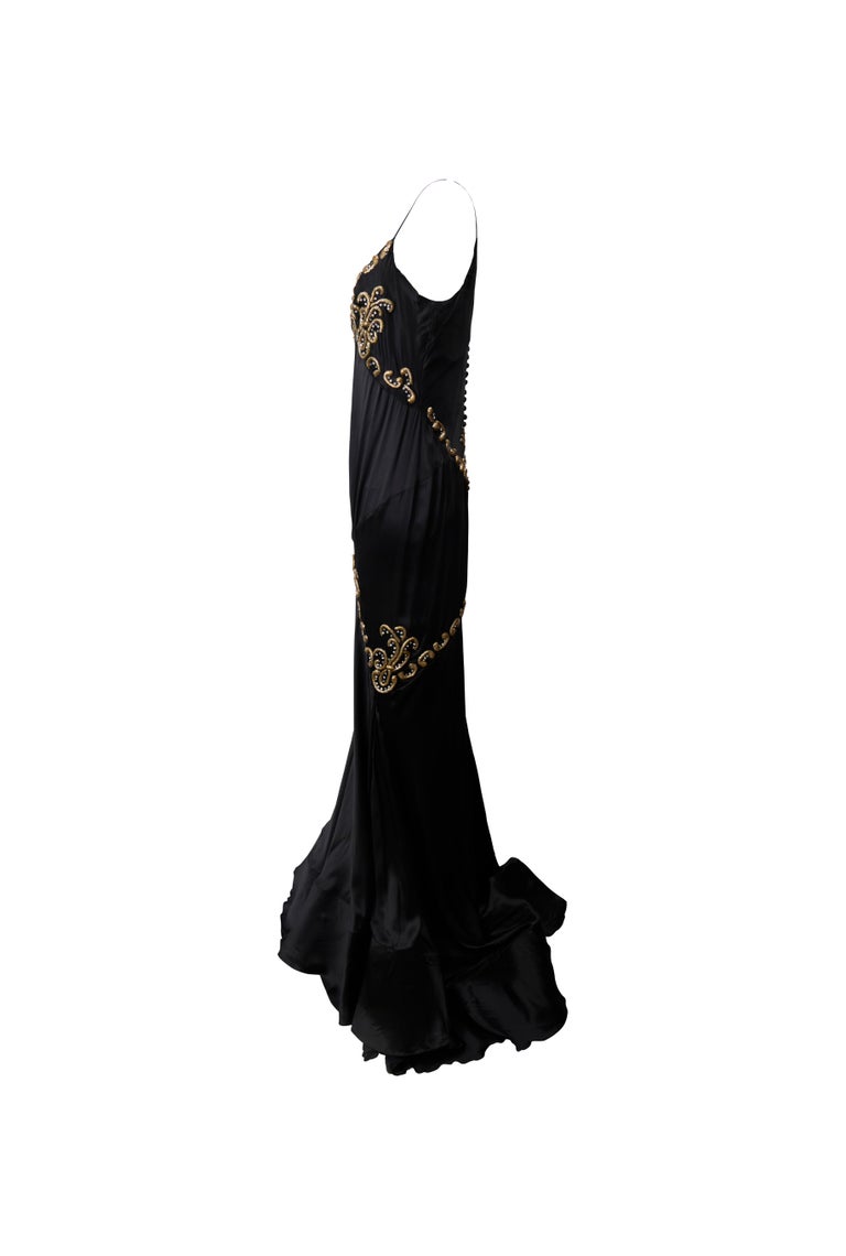 ROBERTO CAVALLI S/s 2004 Black Gold Embroidery Fishtail Silk Slip Dress Gown