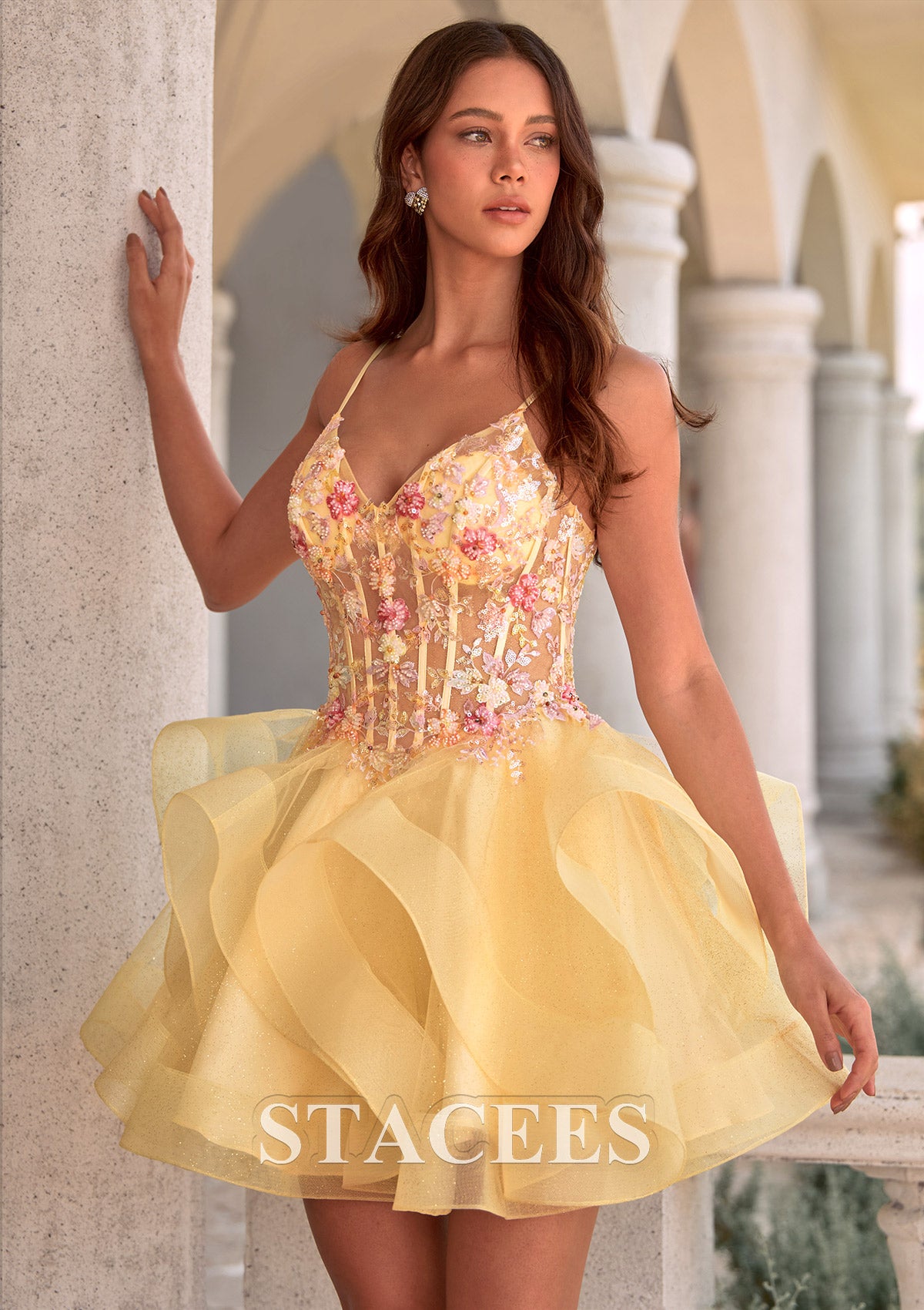 A-line Tiered Ruffle Homecoming Dress with Floral Applique Corset