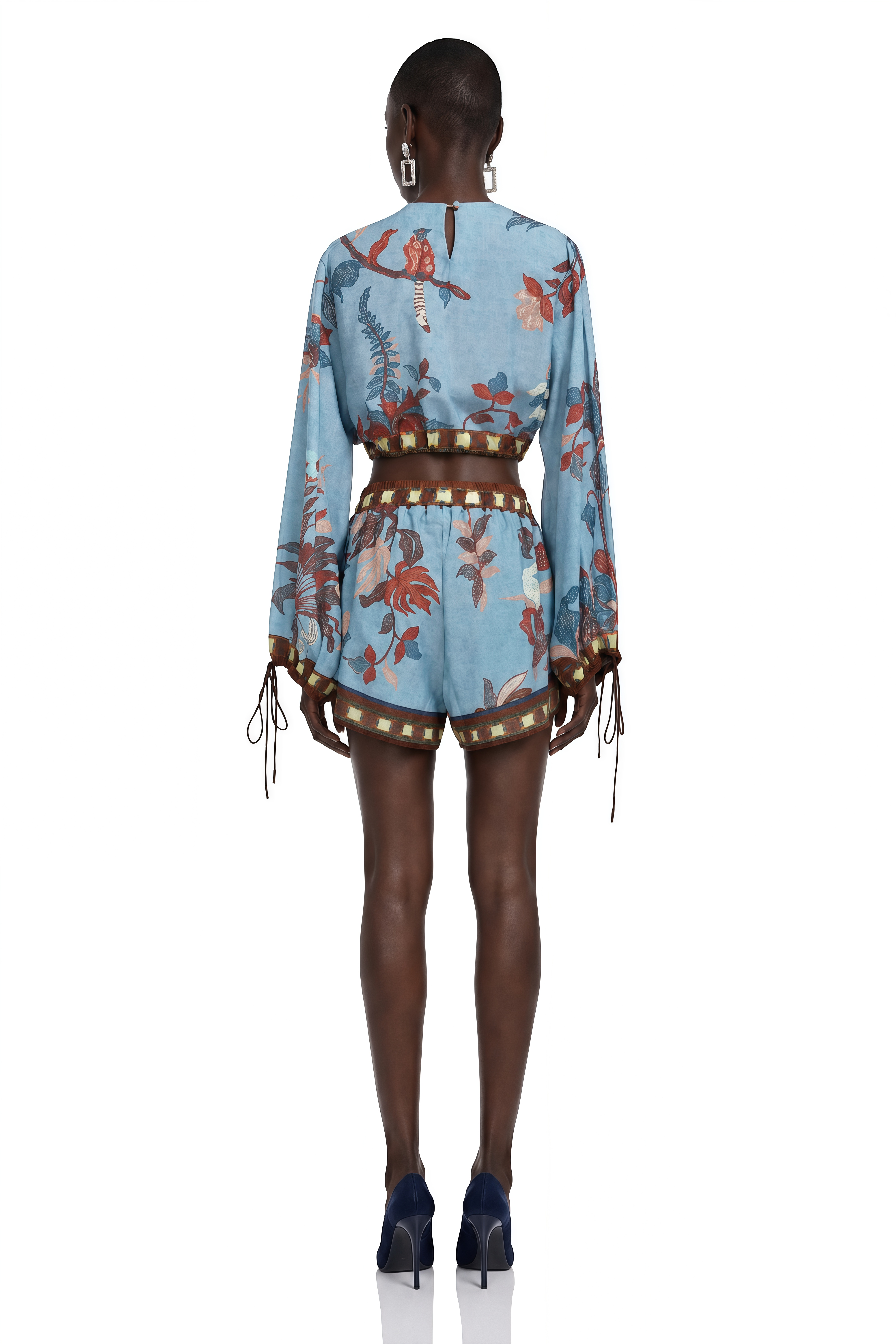 Eleanor Blue Printed Long Sleeves Blouse &amp; Shorts Set