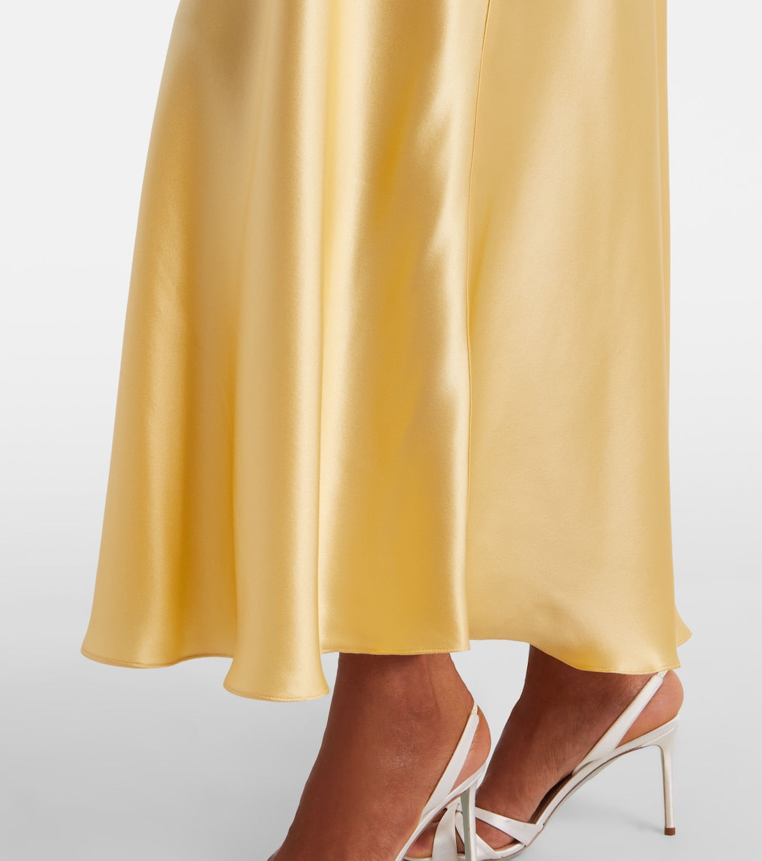 Lace-trimmed ruched silk satin maxi dress