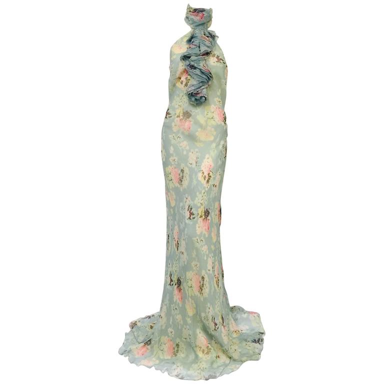 Ralph Lauren Collection Floral Print Silk Bias Cut Halter Dress With Ruffles