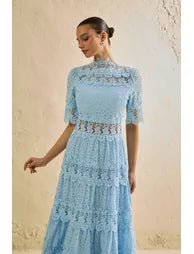 Charming Event Blue Eyelet Lace Tiered Maxi Dress