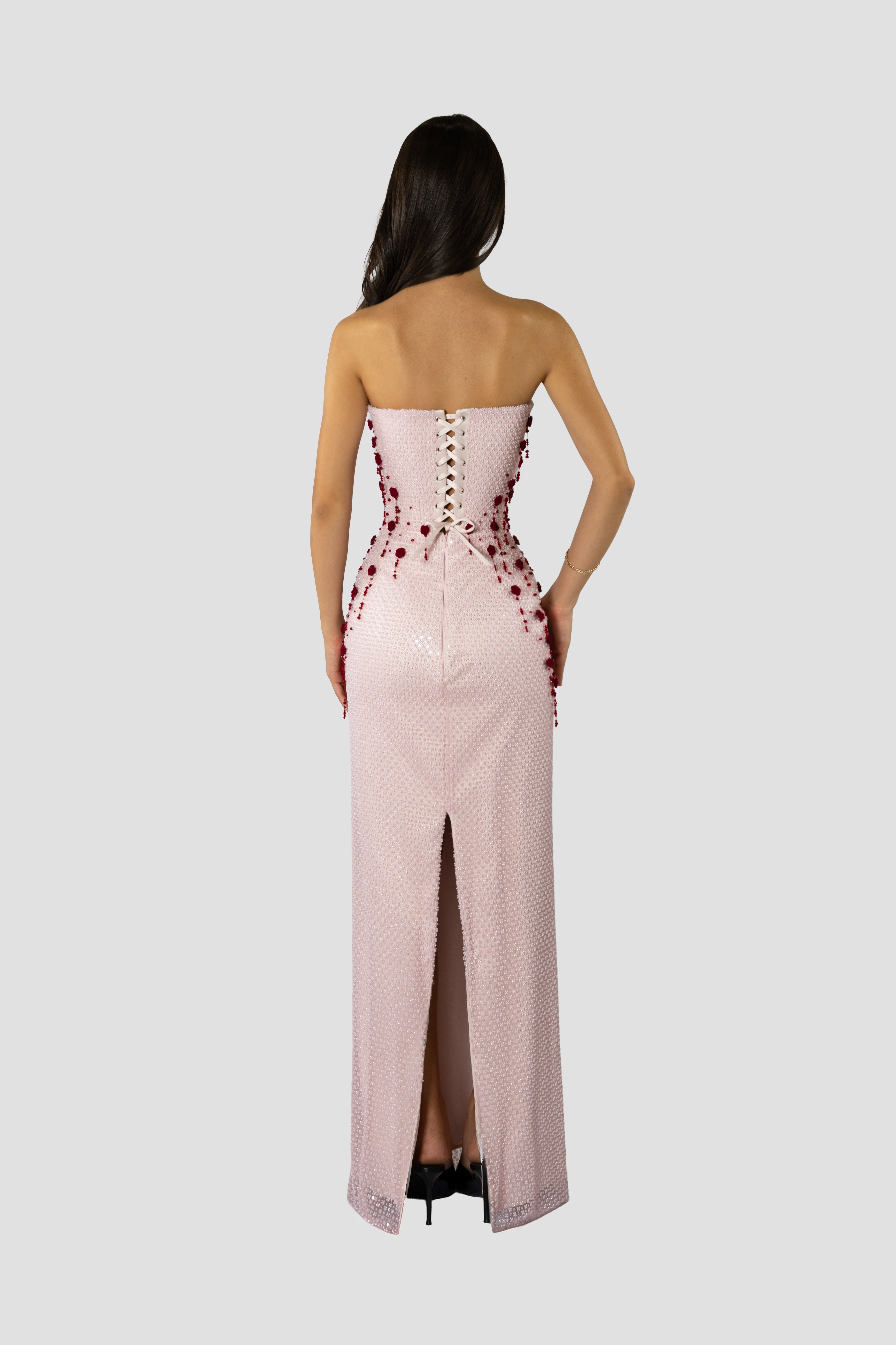 Light Pink And Red Velvet Floral Dress