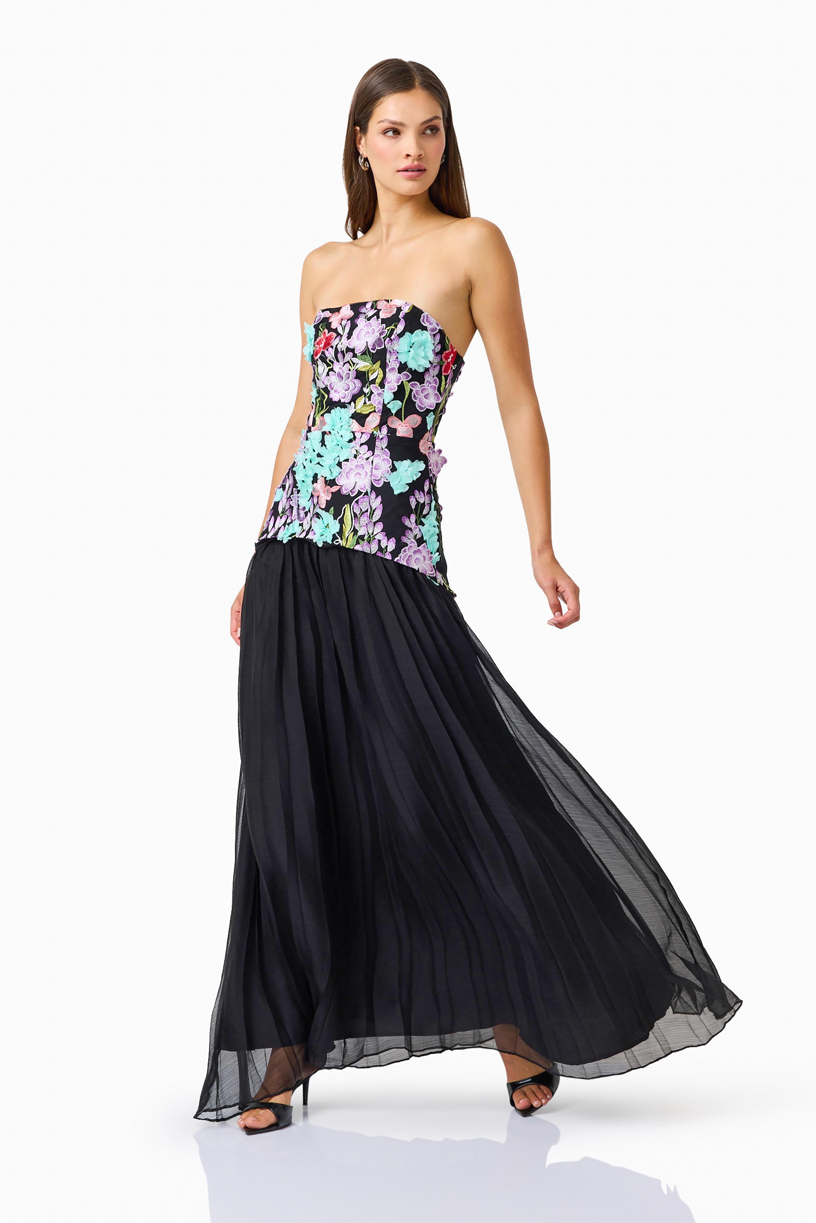 Veloria A-line Gown in Black & Pastel Floral