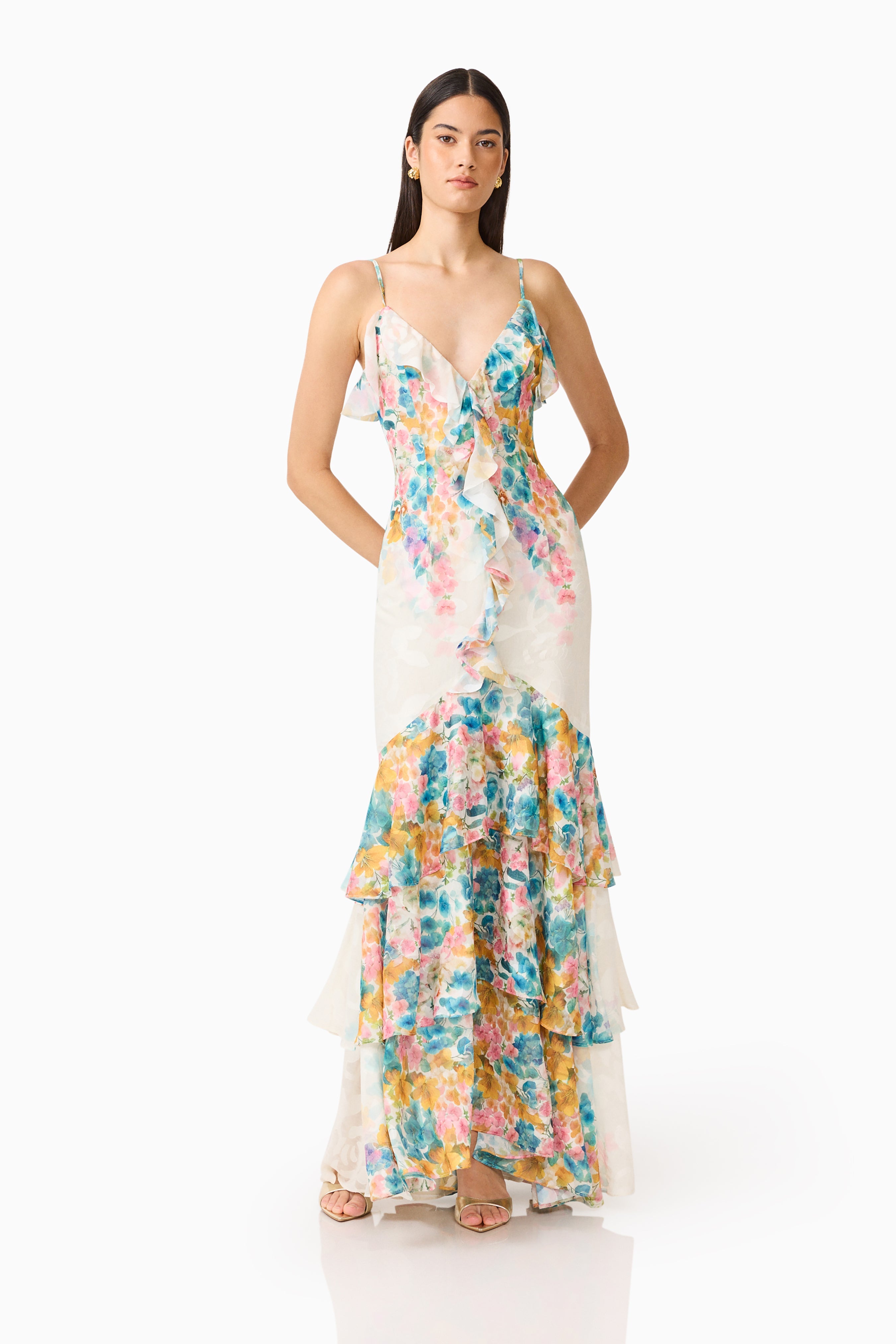Clementina Ruffle Maxi Dress in Multi Floral