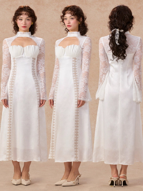 White Swan Lace Chiffon Dress - White