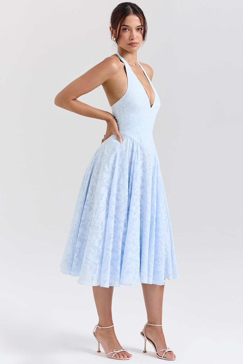 Arietta Bluebell Floral Jacquard Halter Midi Dress
