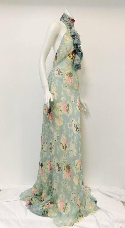 Ralph Lauren Collection Floral Print Silk Bias Cut Halter Dress With Ruffles