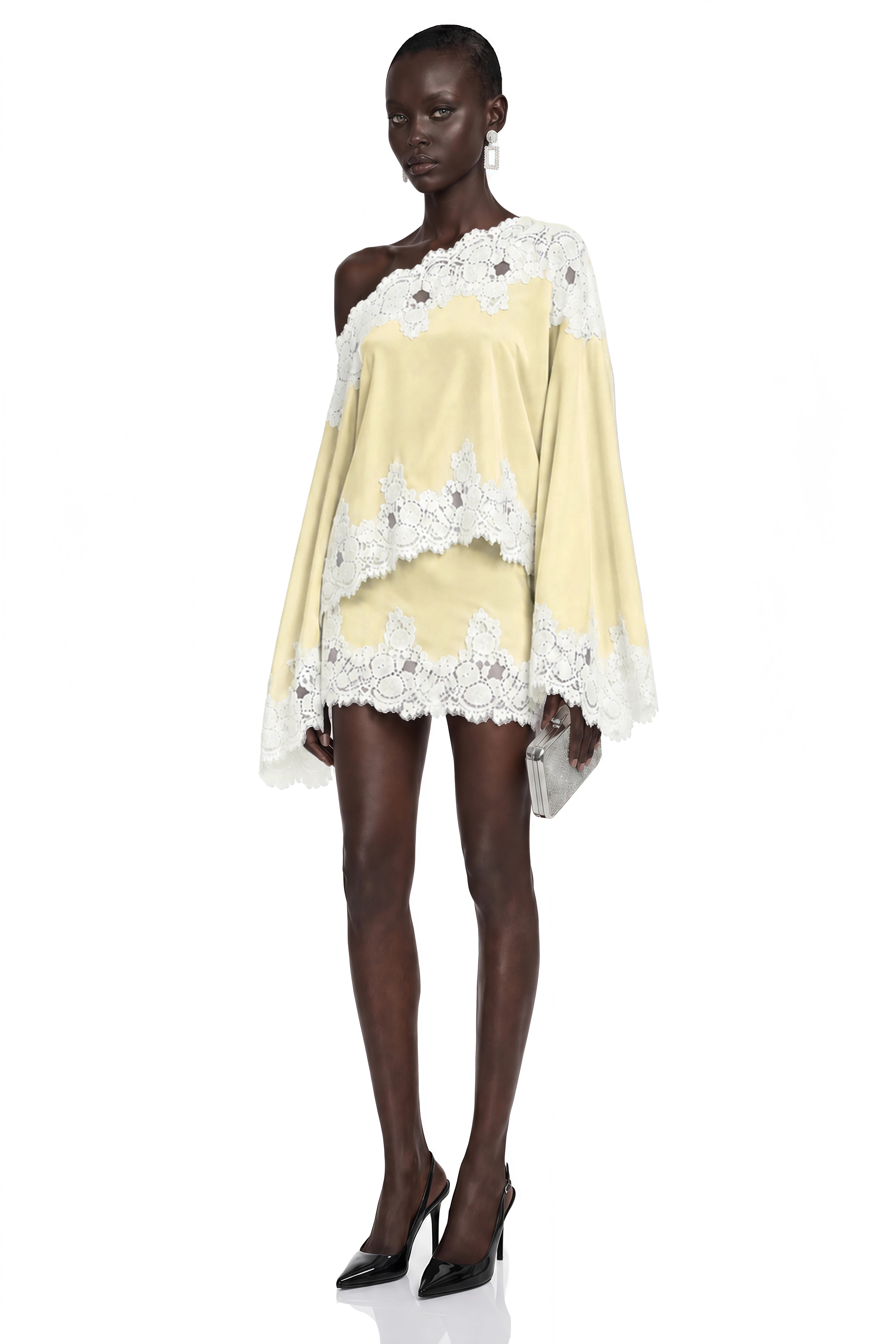 Sophia Yellow One Shoulder Top & Skirt Set with Lace Trim