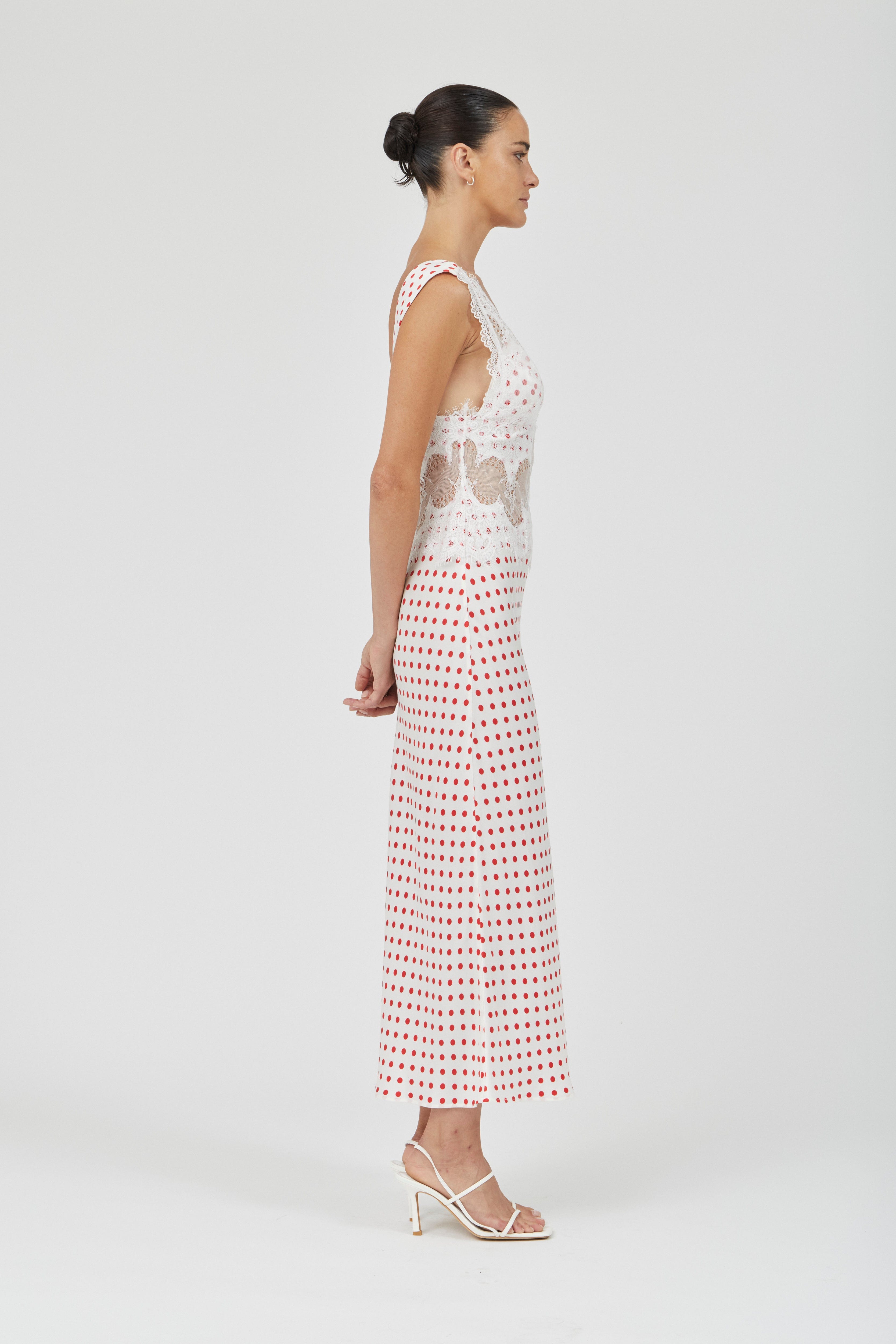 VISIONS LACE DEEP V MAXI DRESS | RED POLKA DOT
