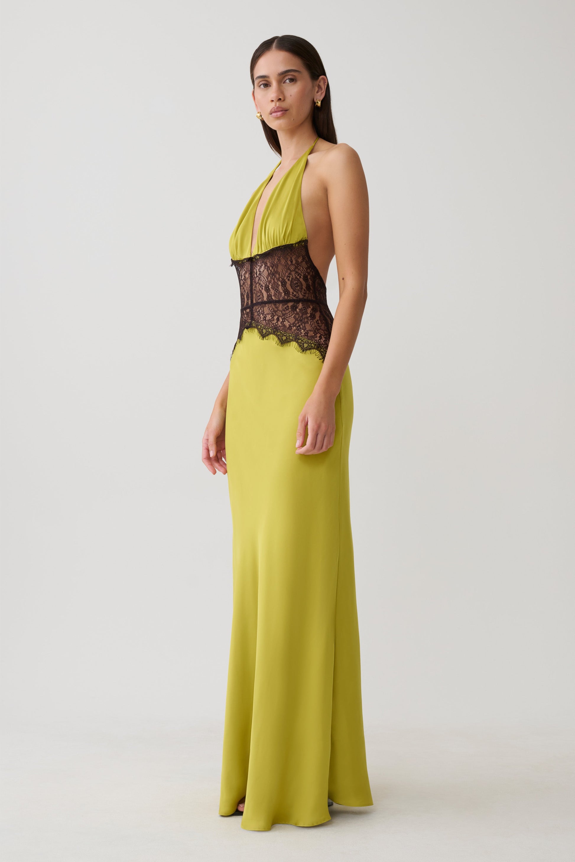 Lace And Satin Maxi Dress - Chartreuse