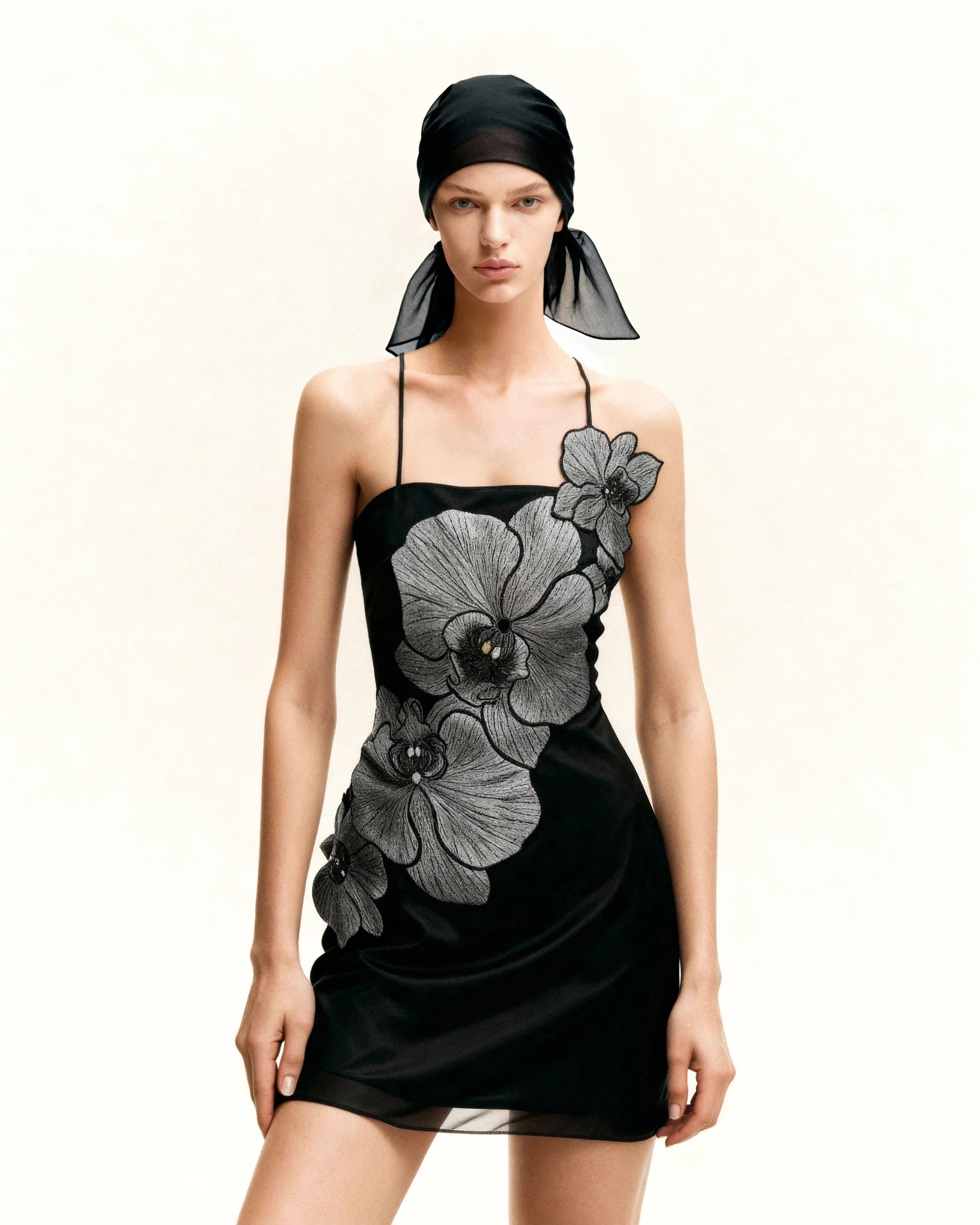 Orchid Appliqué Mini Dress - Black