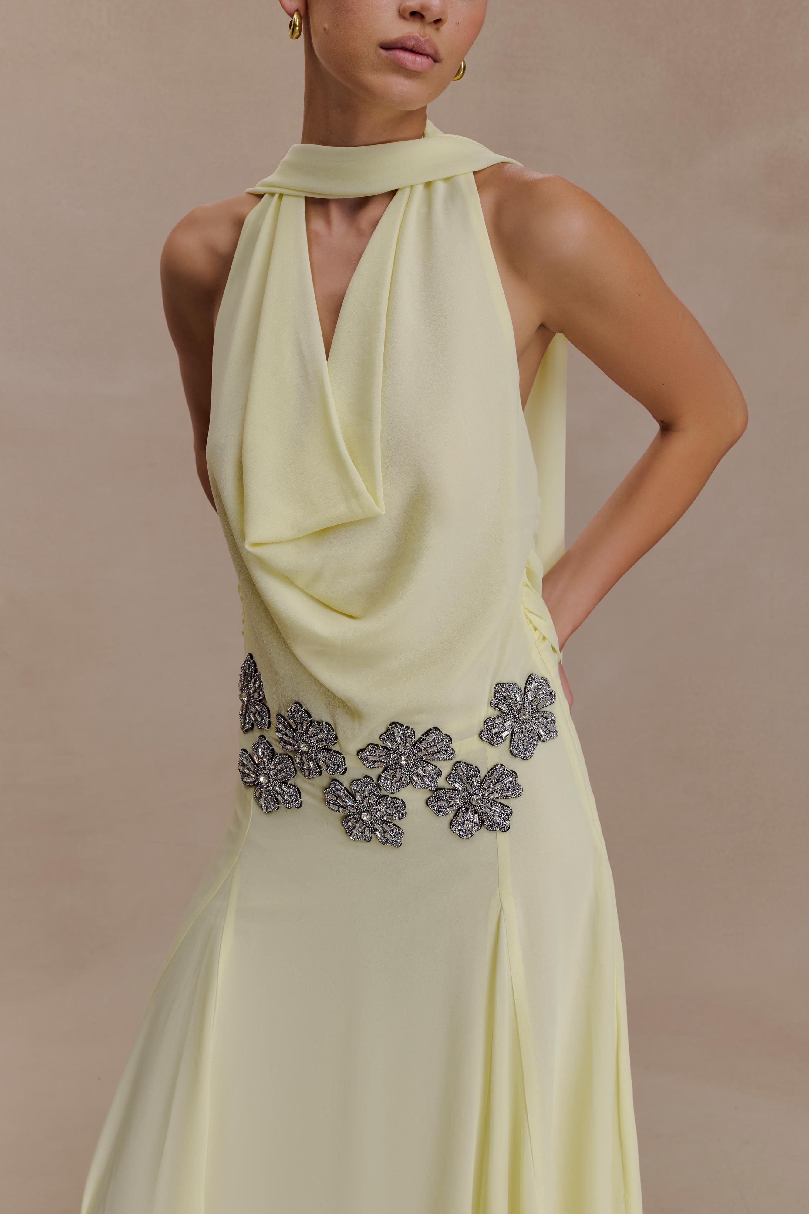 Santal Floral Chiffon Halter Maxi Dress
