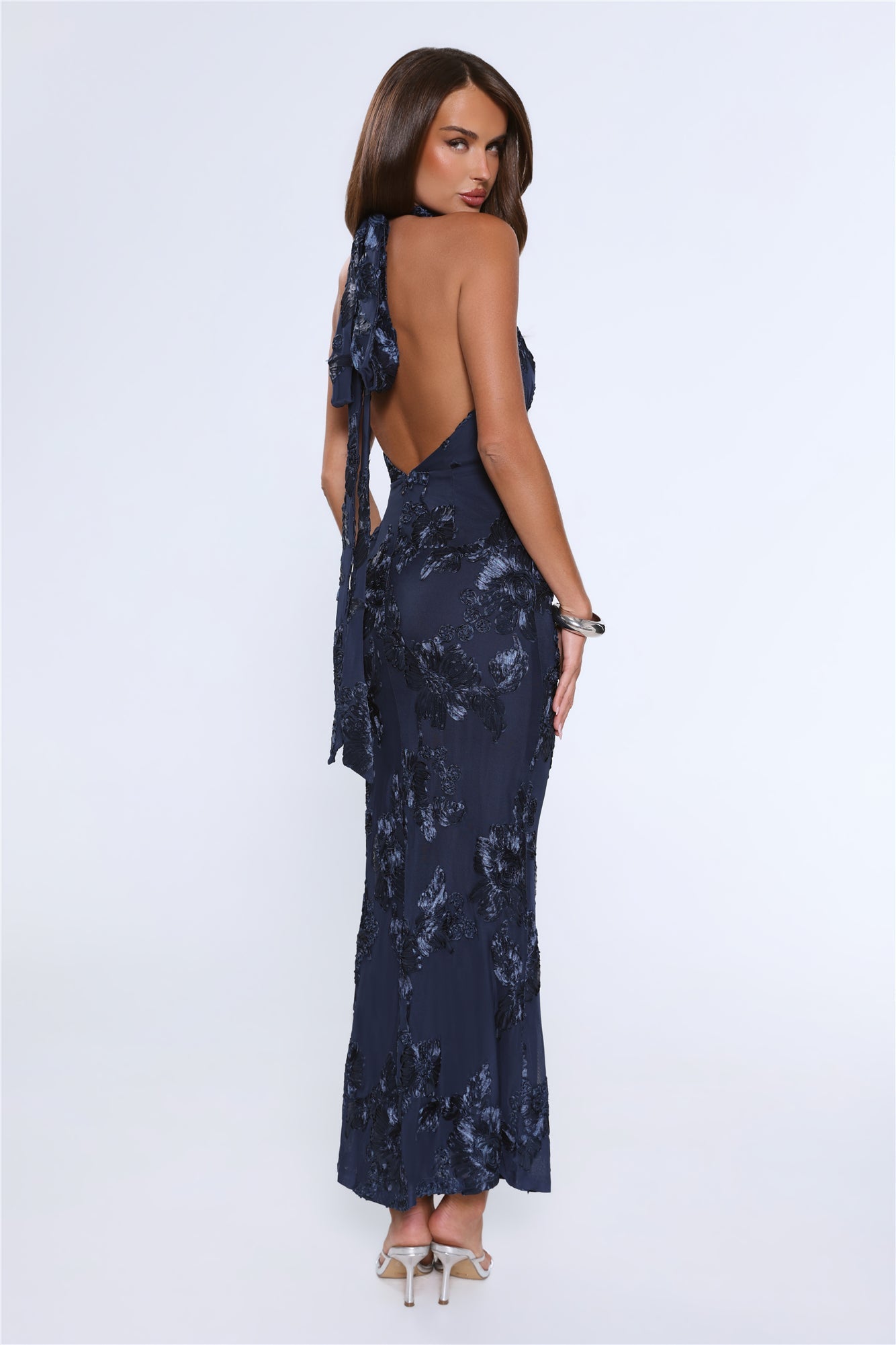 Lime Light Mesh Halter Maxi Dress Navy
