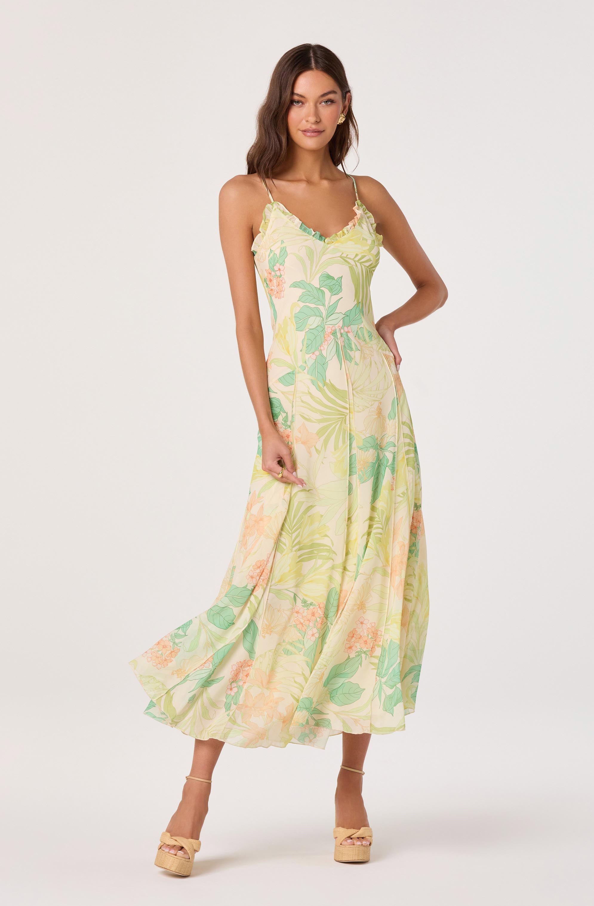 Hana Ruffle Trim Chiffon Maxi Dress - Green peach tropical