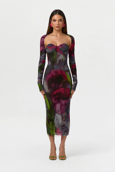 Mesh Print Bolero Midi Dress