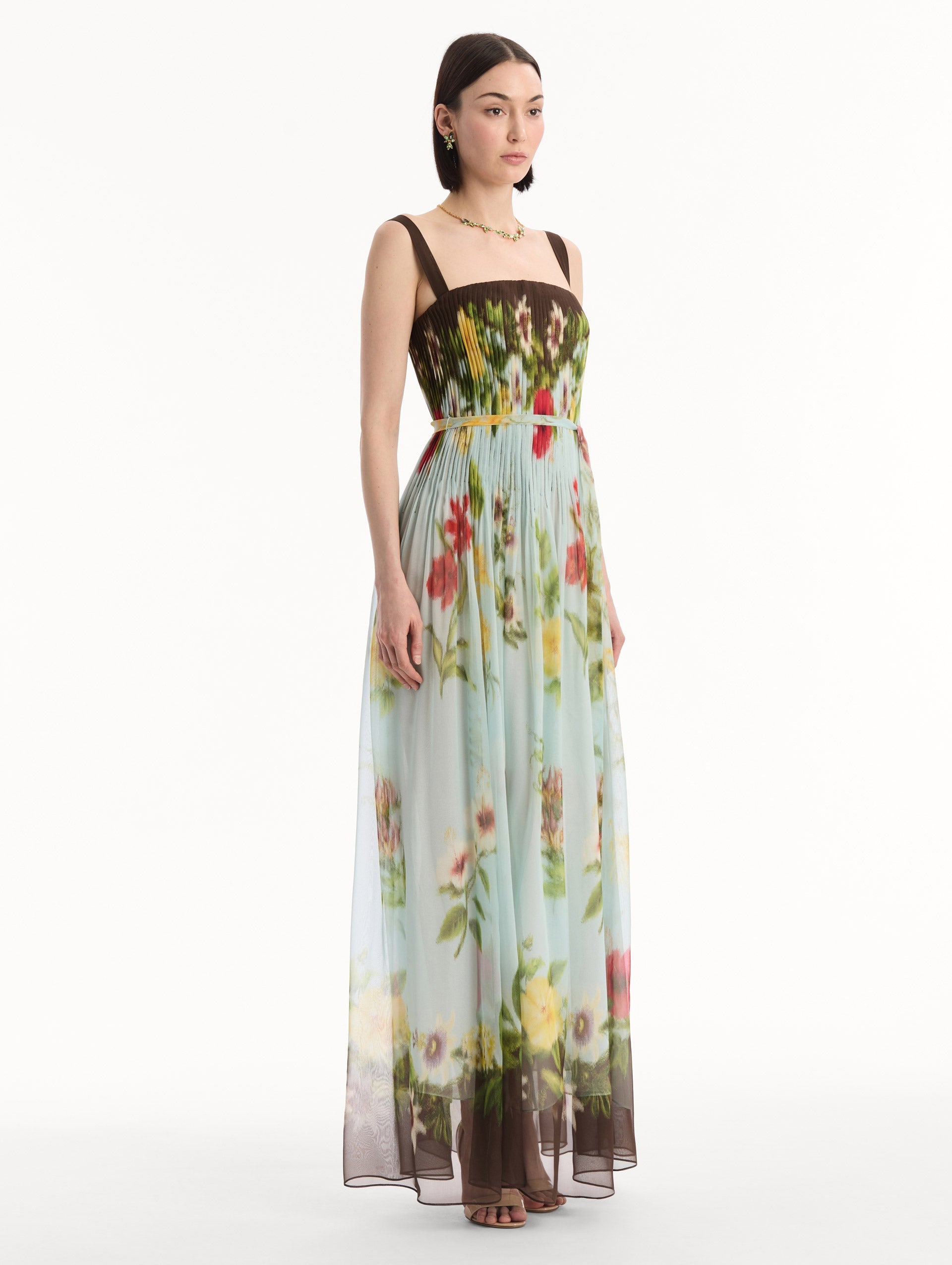 Dominican Mixed-Floral Silk Chiffon Gown