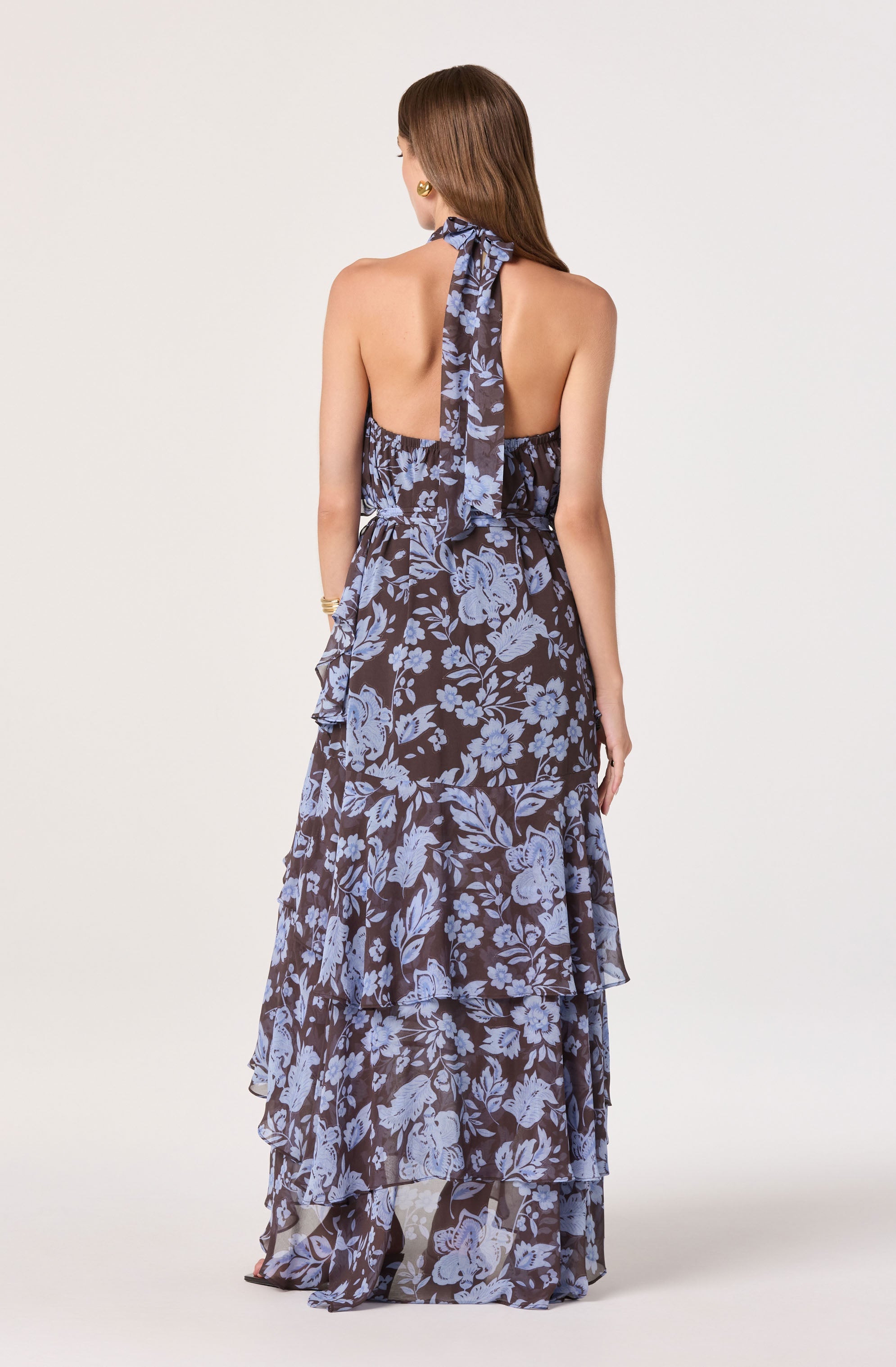 Lae High-Neck Ruffle Maxi Dress - Blue brown floral / XS