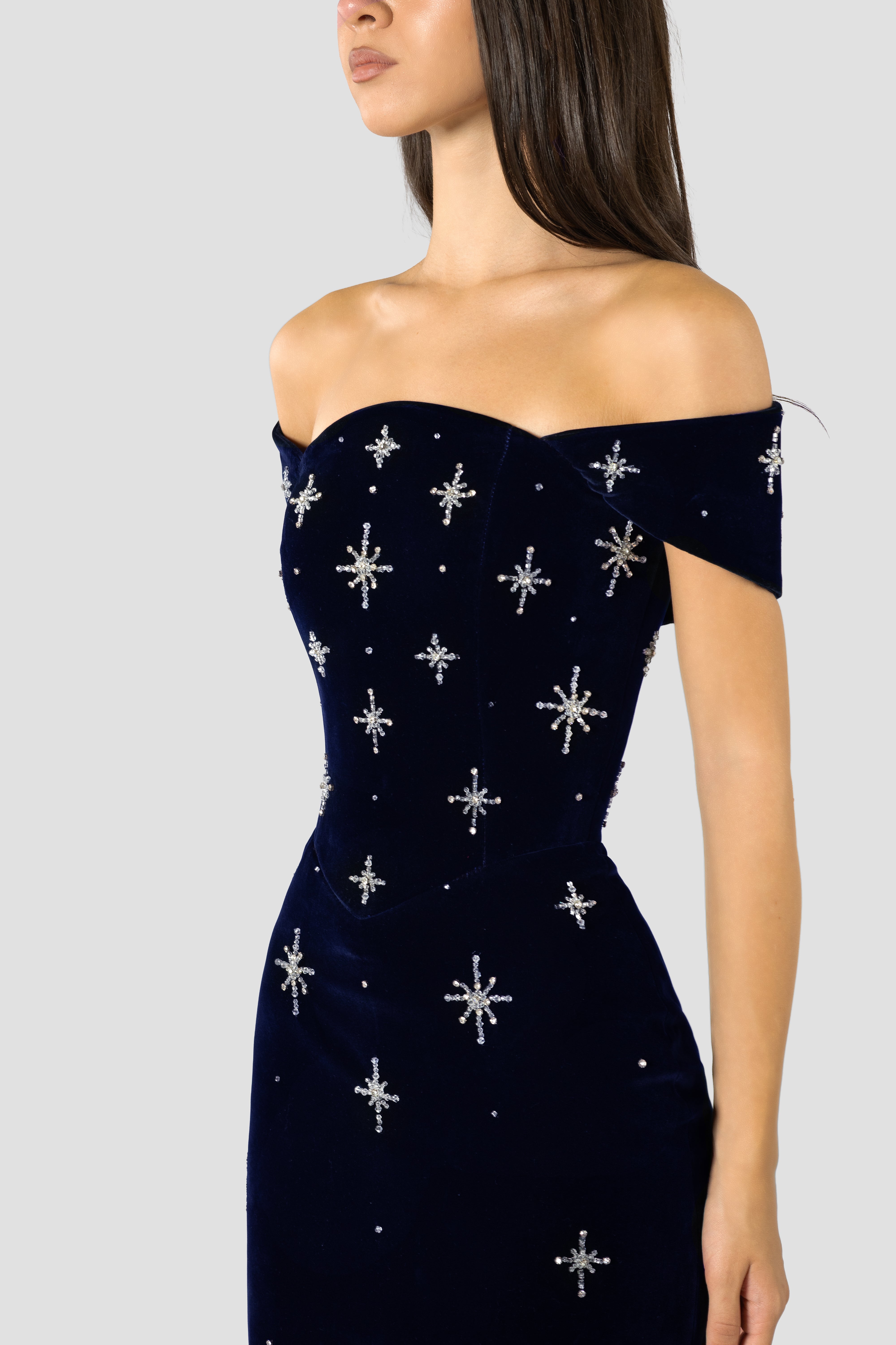Navy Velvet And Star Embroidered Dress