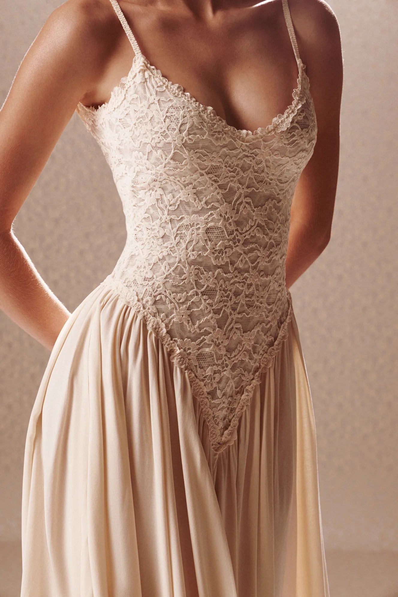 Ivory Lace Corset Drop-Waist Maxi Dress
