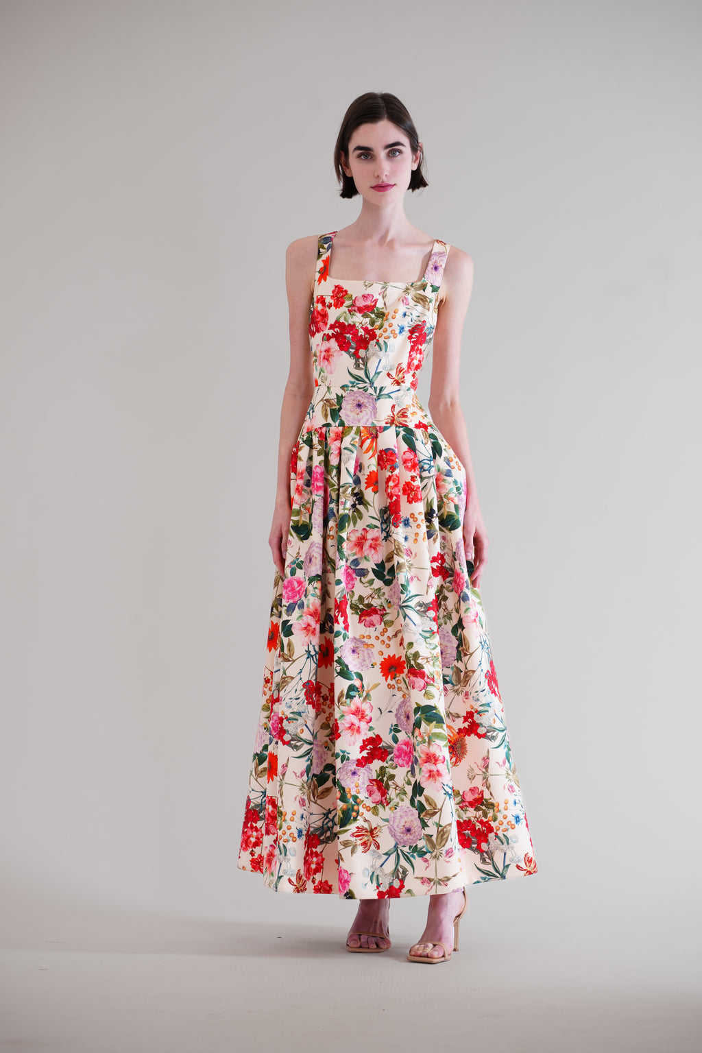 SQUARE NECK DROP WAIST W PLEATED LONG DRESS