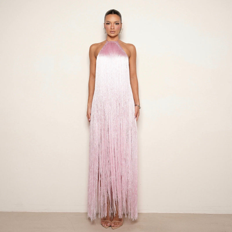 Veiled In Love Pink Fringe Halter Maxi Dress