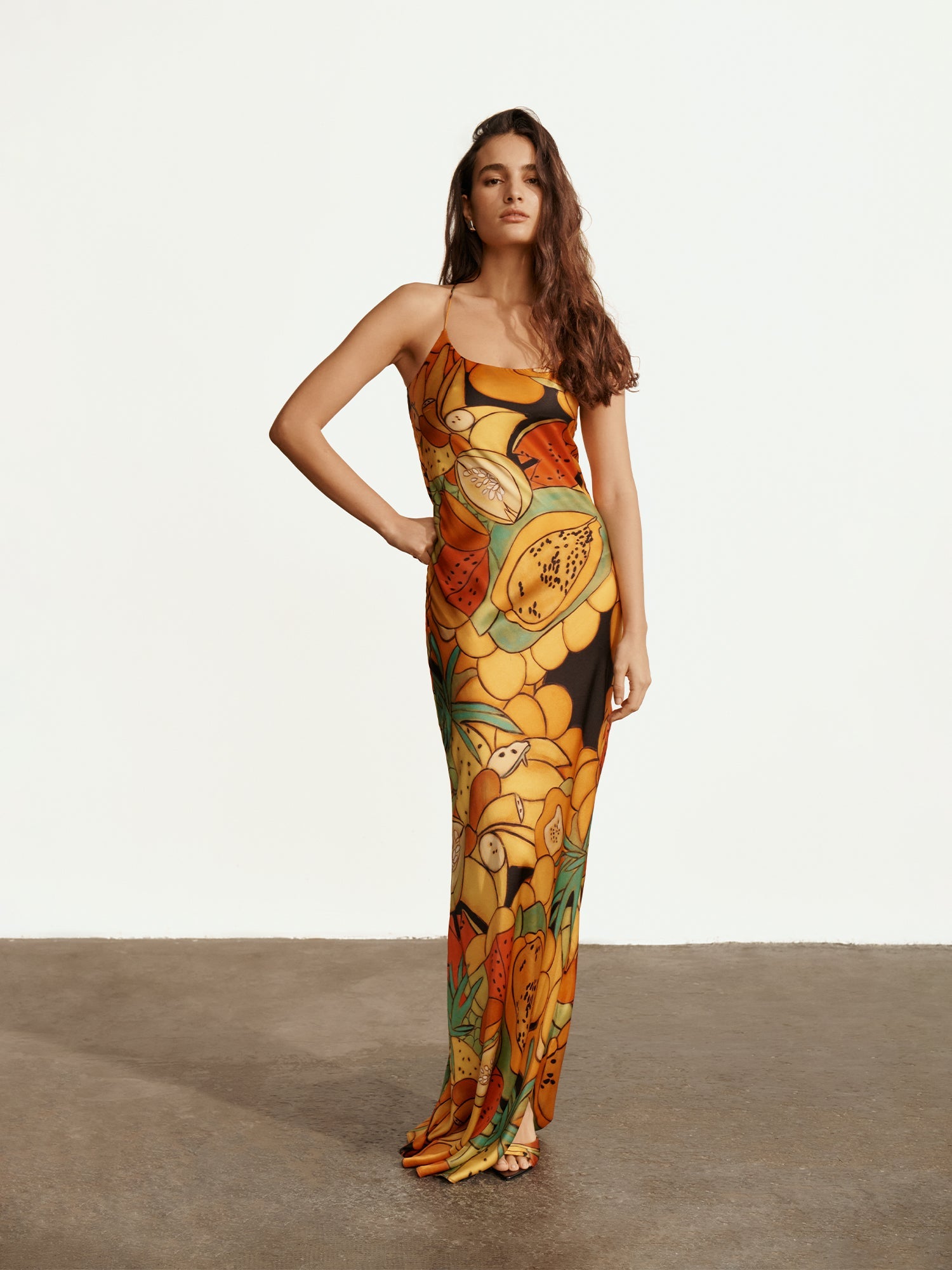 Frutas Silk Satin Long Dress