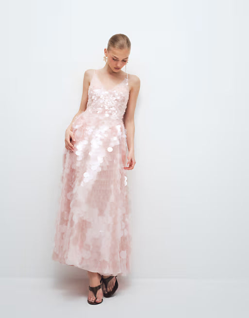 sequin embellished cami midi dress with full skirt in soft pink