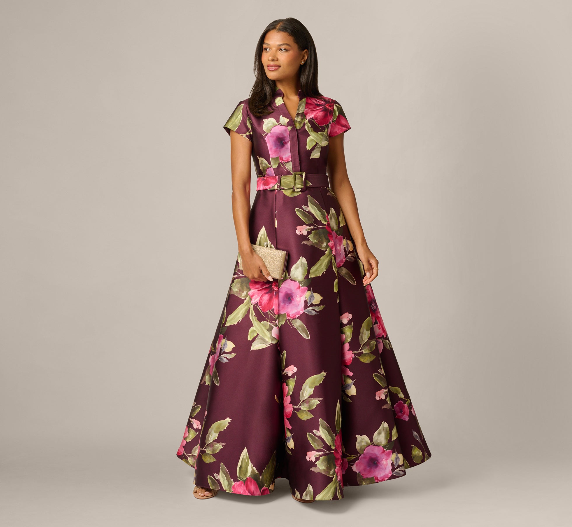 Short Sleeve Magnolia Floral Ballgown In Wine Multi - Wine Multi