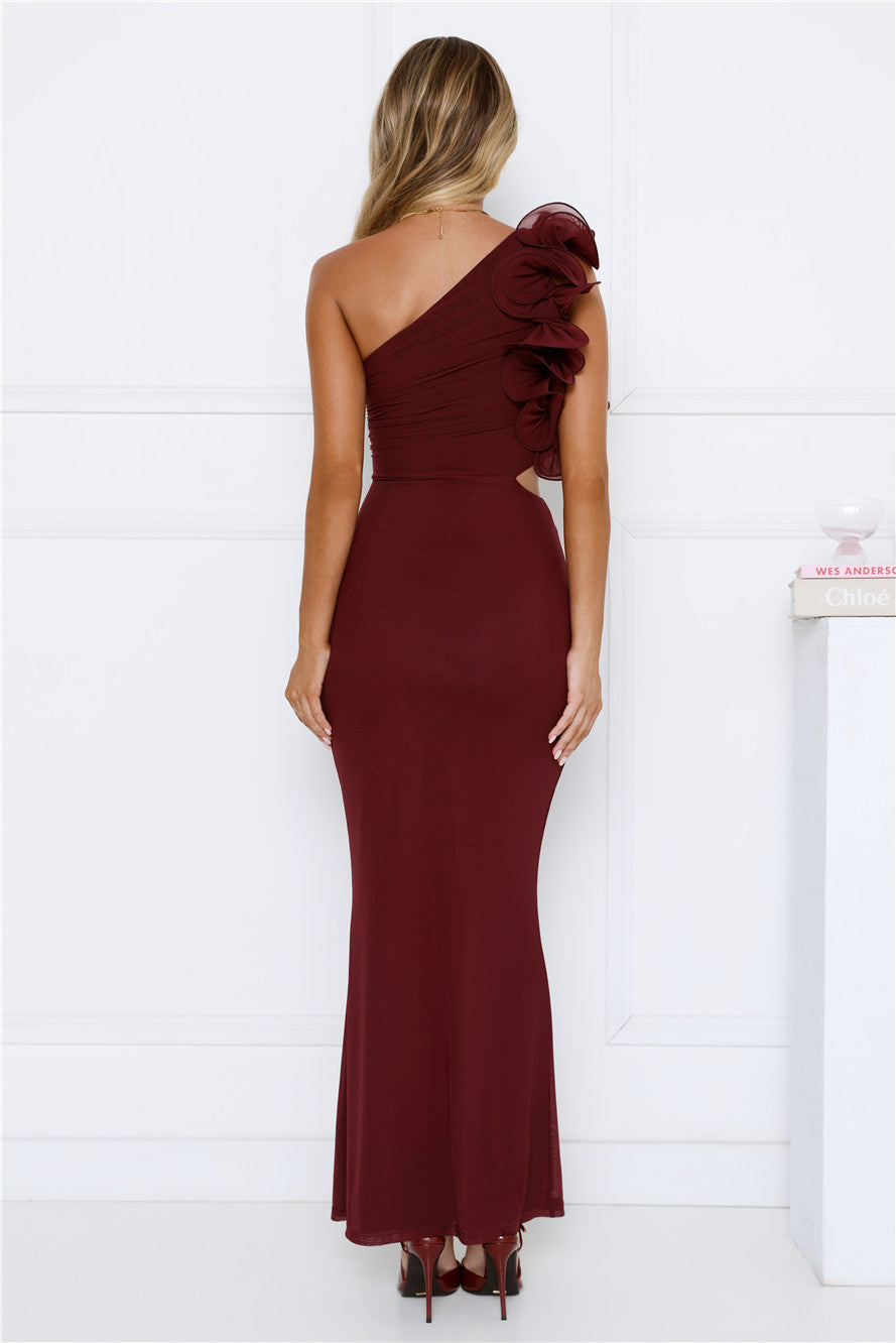 Luxe By Moonlight One Shoulder Mesh Maxi Dress Wine