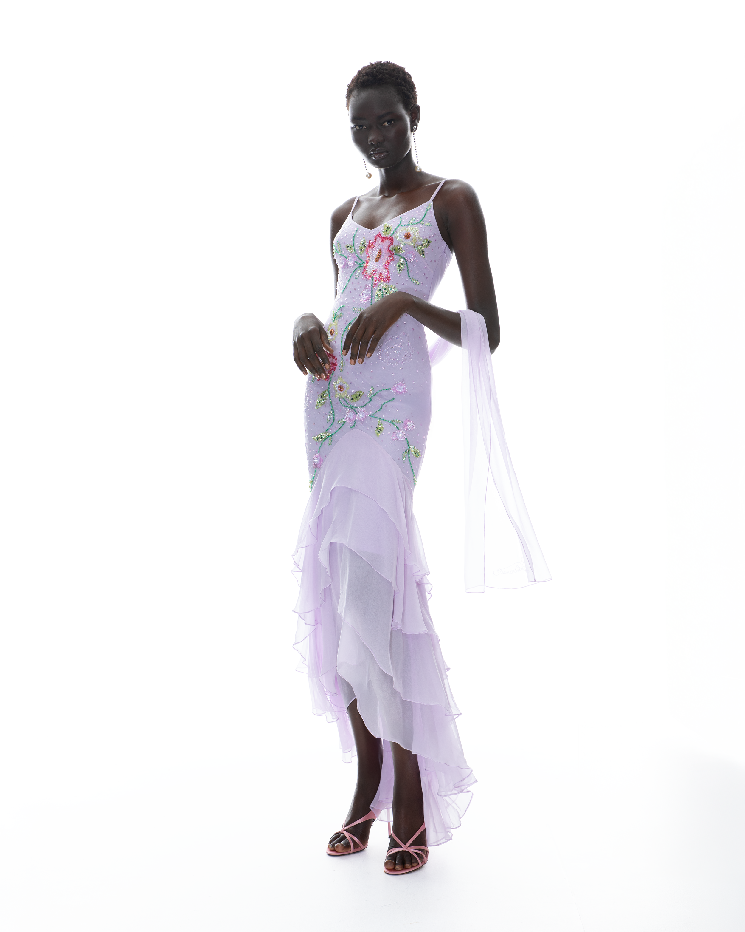 The Enchanted Moonelle Gown | Lavender Silk Hand-Beaded Evening Dress