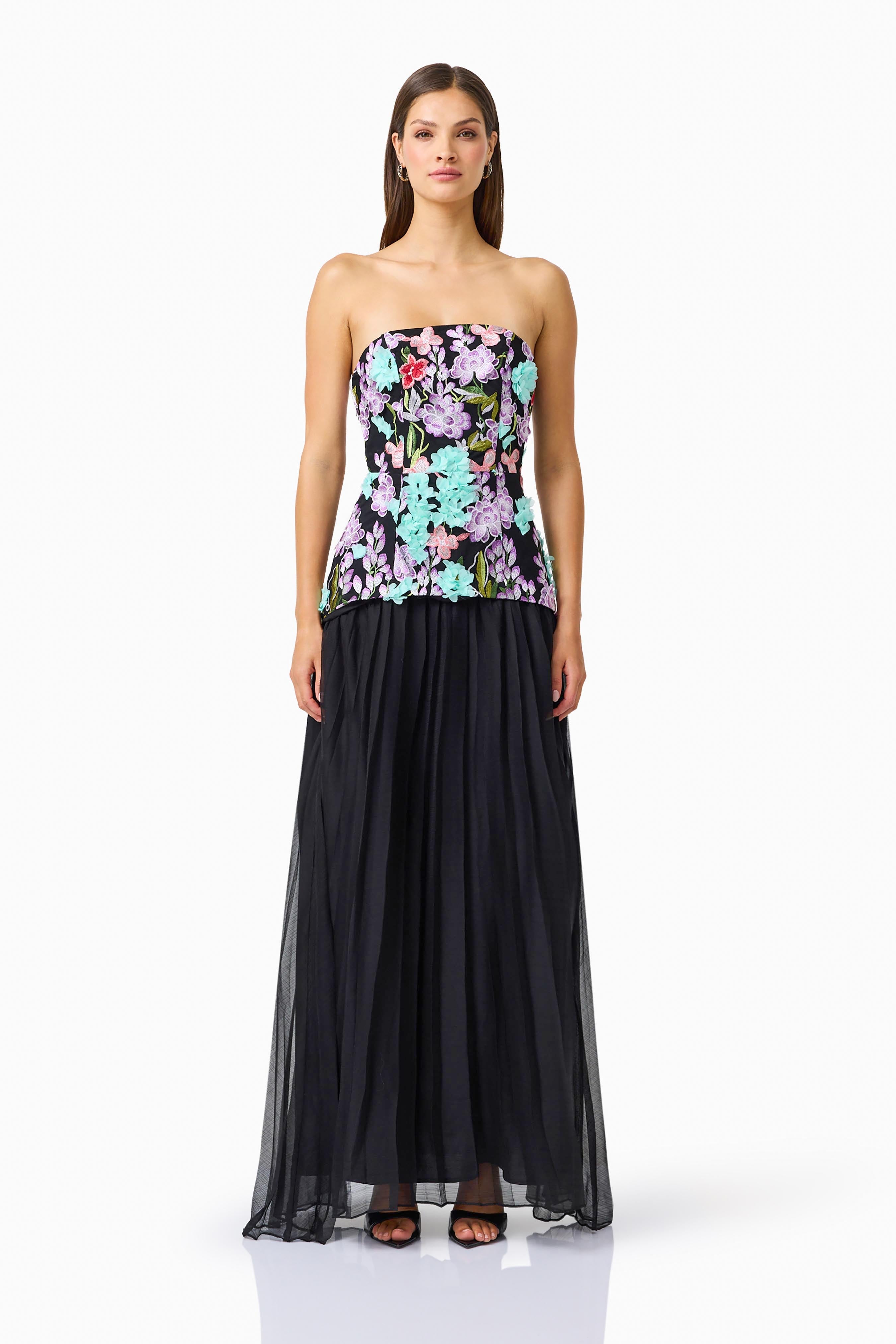 Veloria A-line Gown in Black & Pastel Floral