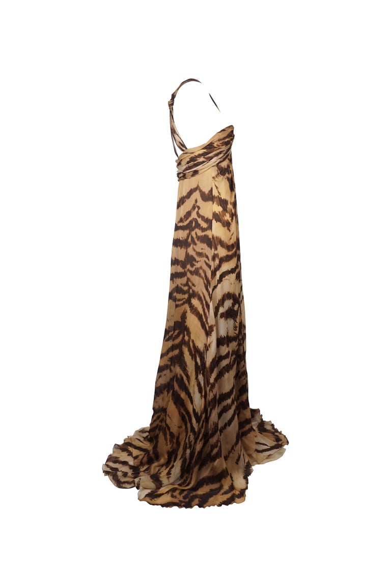 ROBERTO CAVALLI S/s 2007 Tiger Print Golden Snake Hardware Halter Flared Dress